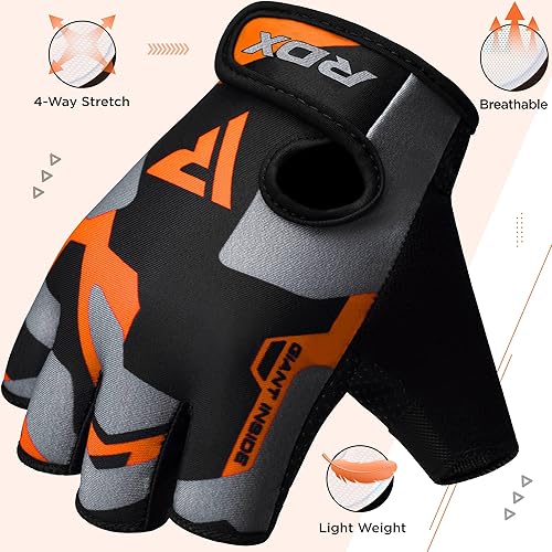 Miniatura 5 de RDX Guantes de levantamiento de pesas para gimnasio, entrenamiento de fitness, palma acolchada antideslizante, equipo de entrenamiento de fuerza
