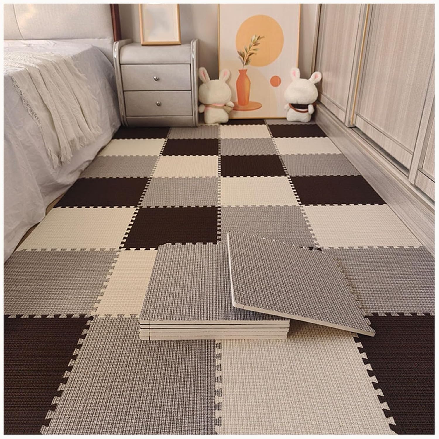 40pcs Thick 0.4" Cotton Linen Interlocking Tiles with Border, Non-Slip Bottom Eva Floor Mat Carpet Puzzle Mats for Home Decor(Beige+Gray+Black)