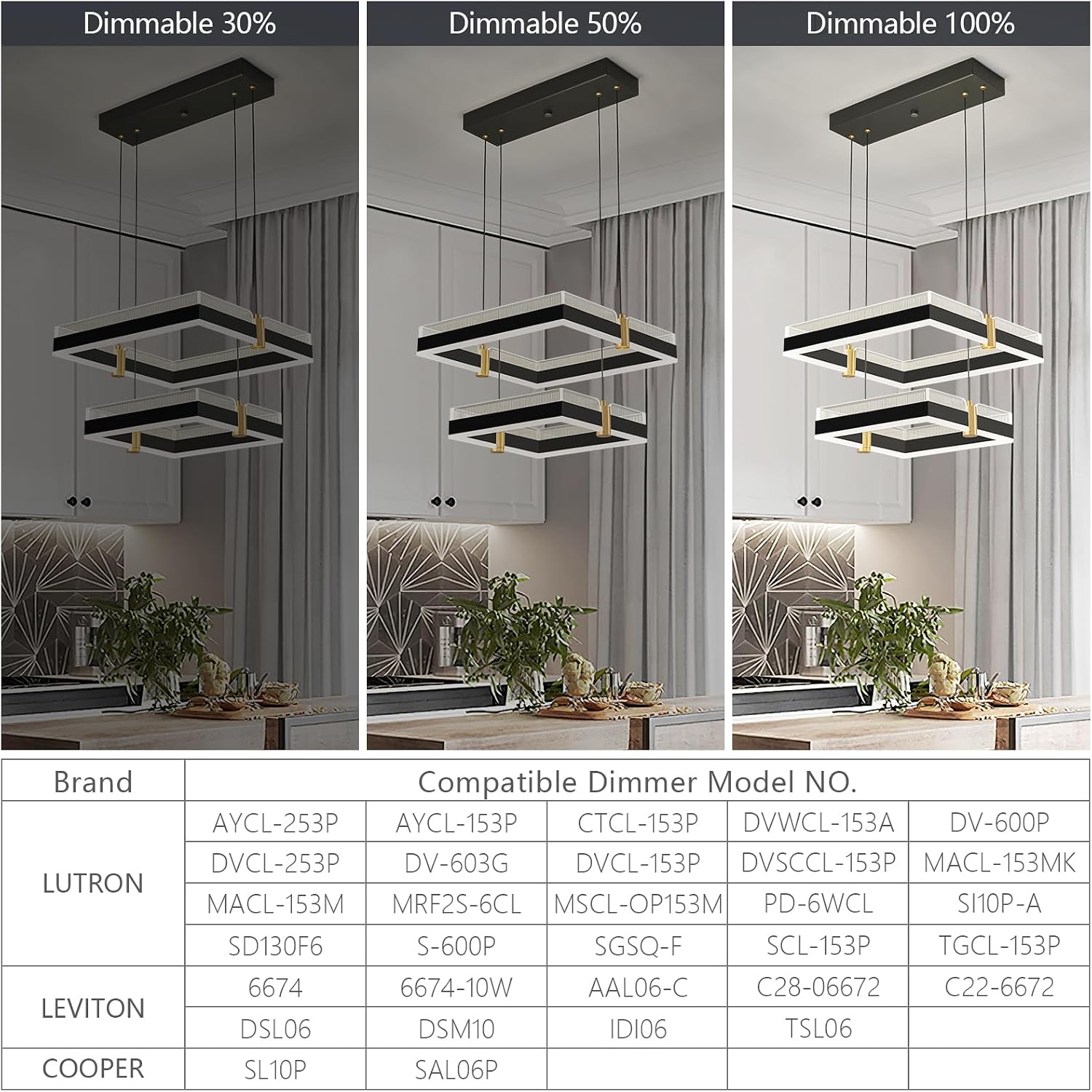 Modern LED Chandelier with Remote Control 2 Ring Dimmable 3 Color Black Gold Adjustable Pendant Light Square Chandelier Dining Light Fixture for Kitchen Bedroom Ceiling Hanging