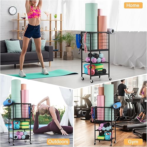 Miniatura 3 de Weight Rack for Home Gym Dumbbells Yoga Mat Storage Rack Cart Small Metal Wood Home Gym Workout Equipment Storage with Hooks for Yoga Block Foam