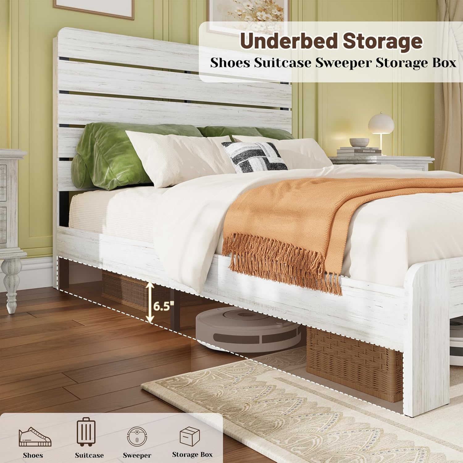 QNICE Queen Bed Frame, Wooden Platform Bed Frame with Headboard, Rustic Farmhouse Furniture, Sturdy Wooden Slats, Noiseless, No Spring Box Required, Easy Assembly, Antique White