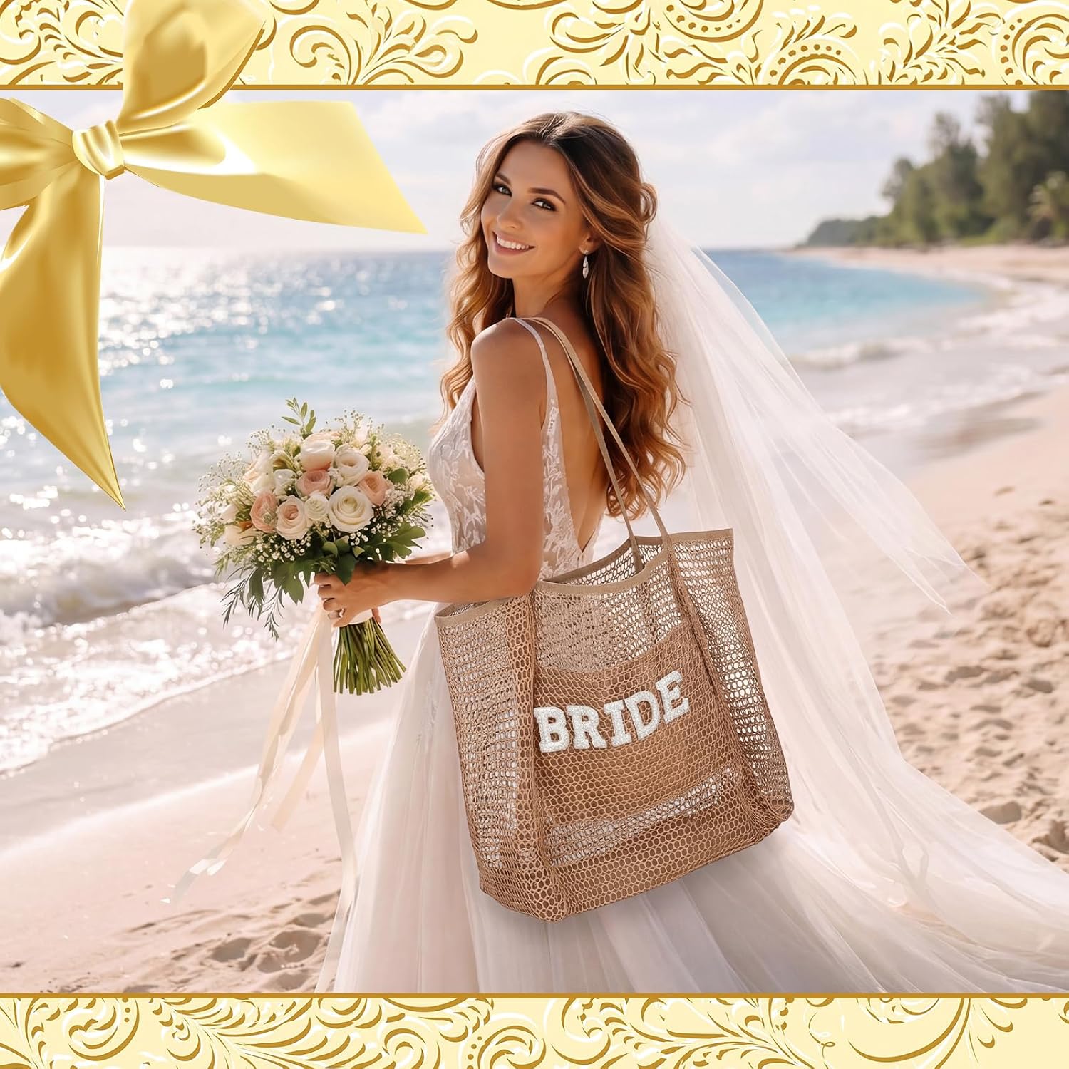 Bride Beach Mesh Tote Gift Beach Nylon Mesh Tote Bag for Bride Pearl Letter Bag Bachelorette Honeymoon Wedding Bridal Shower