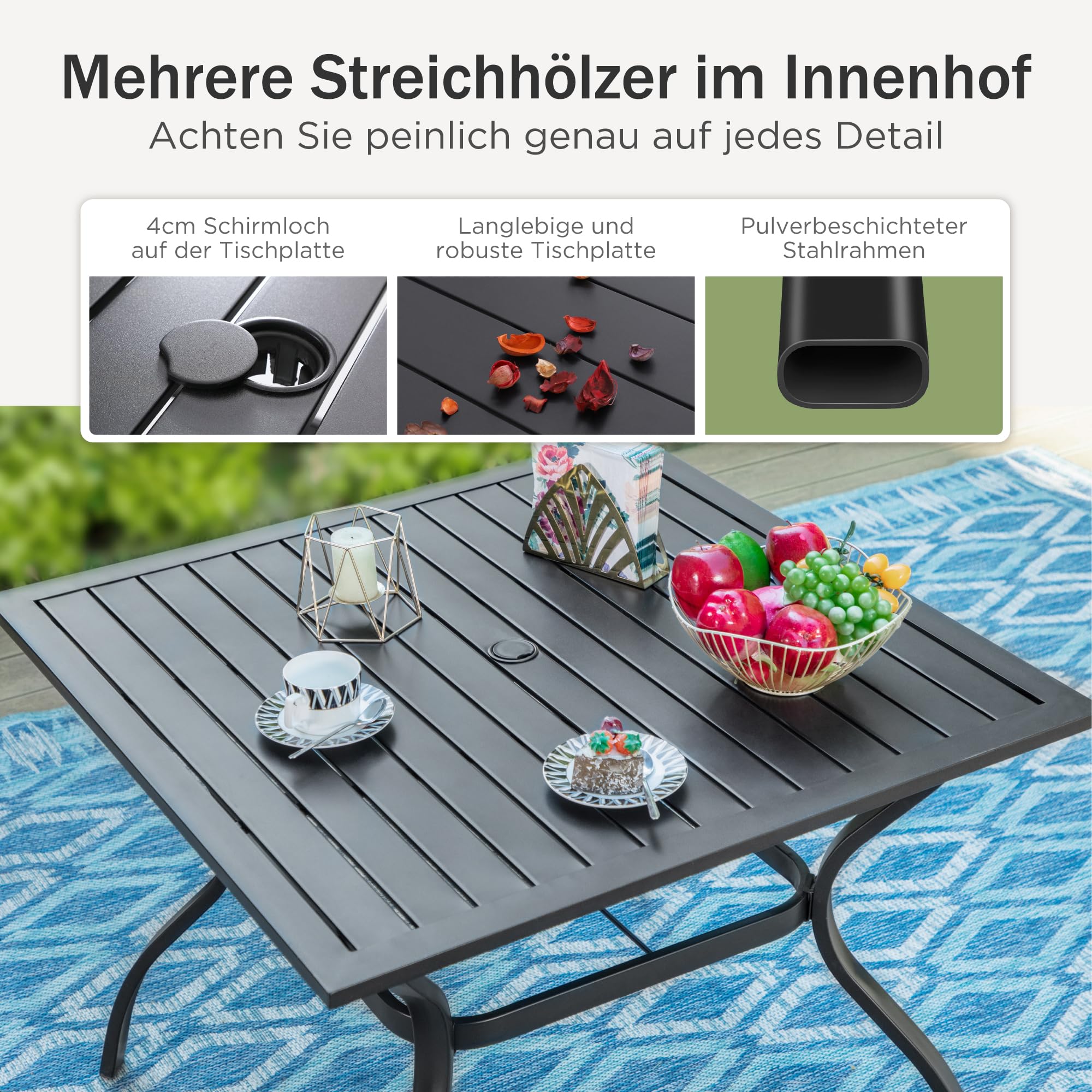 PHI VILLA Gartenmöbel Set mit Gartentisch und Stühle 4er Set Metall Terrassen Outdoor Bistro Garten Möbel Sets Wetterfest Garten Sitzgruppe Stapelbare Stühle Sparen Platz