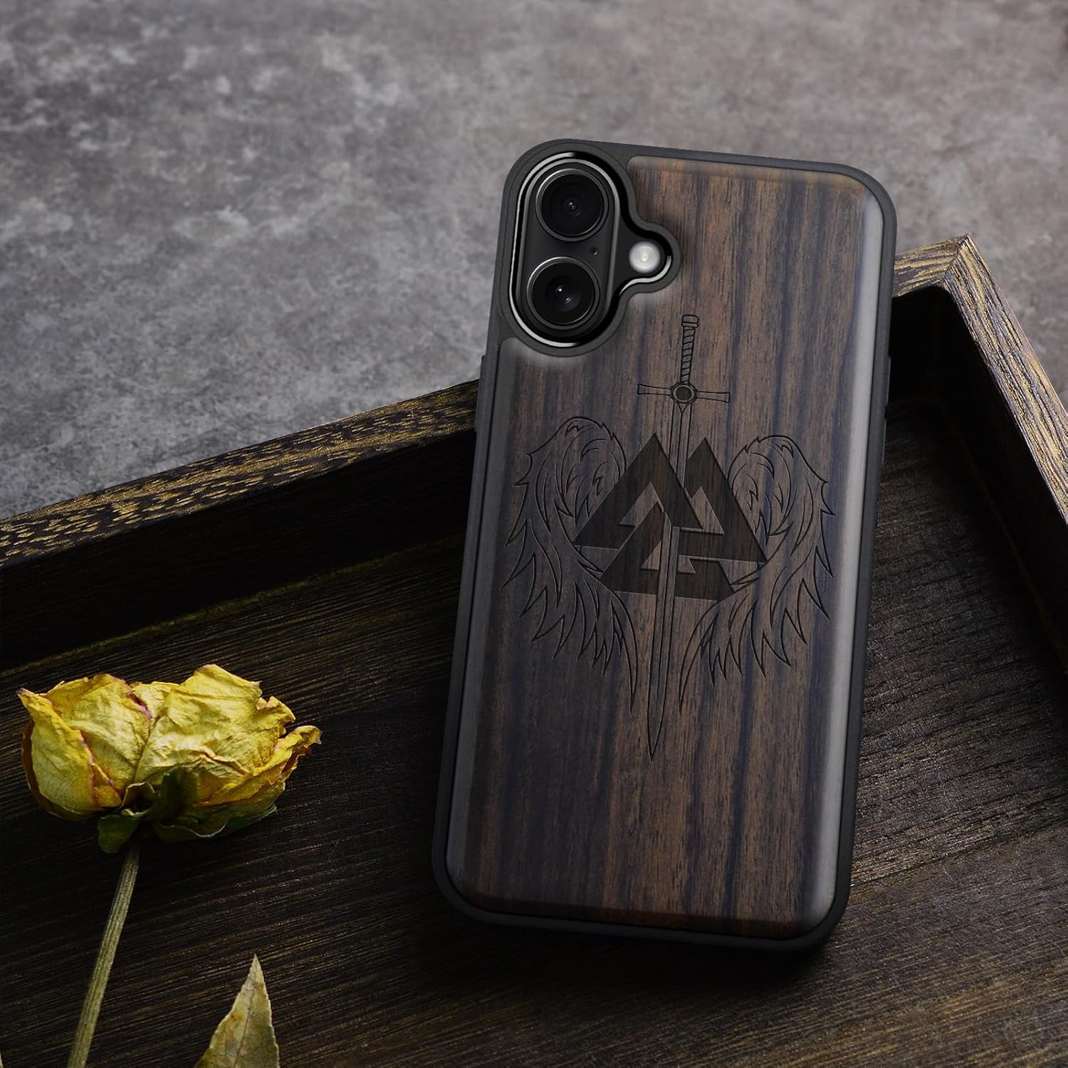 Carveit Magnetic Wooden Case for iPhone 16 Case, Wood Artisan Engraved & Black Soft TPU Shockproof Cover, Compatible with MagSafe Wireless Chargers (Valknut and Sword) Blackwood