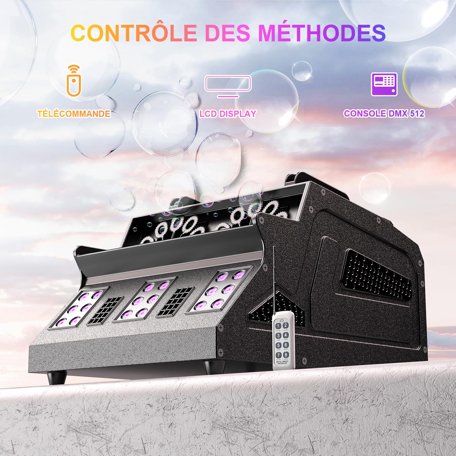 Machine à fumée avec bulles, Machine à bulles de savon 1500W avec 18 effets RGB 3 en 1, télécommande avec contrôle DMX, convient pour les fêtes, DJ, Halloween, Noël, mariage