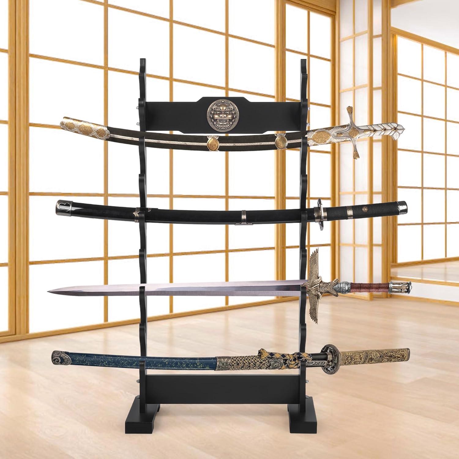 lukar Kylin 8 Tier Sword Rack Floor Standing, Multilayer Katana Stand Floor, Wooden Sword Display Stand Floor, Japanese Samurai Sword Holder