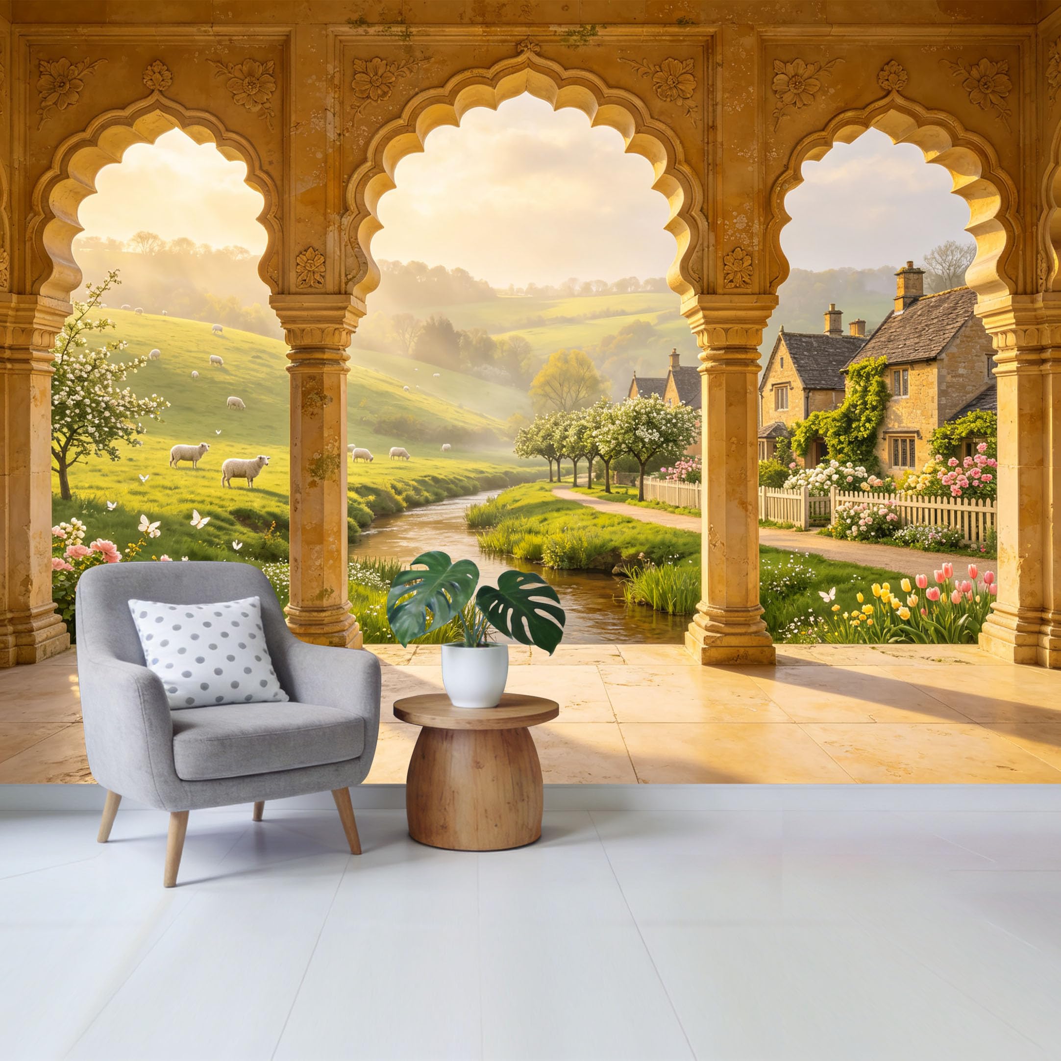 Custom Size Wall Mural Countryside Landscape with River Sheep and Stone Cottage View Removable Self Adhesive Fabric Home Wall Decor for Living Room Bedroom Bathroom