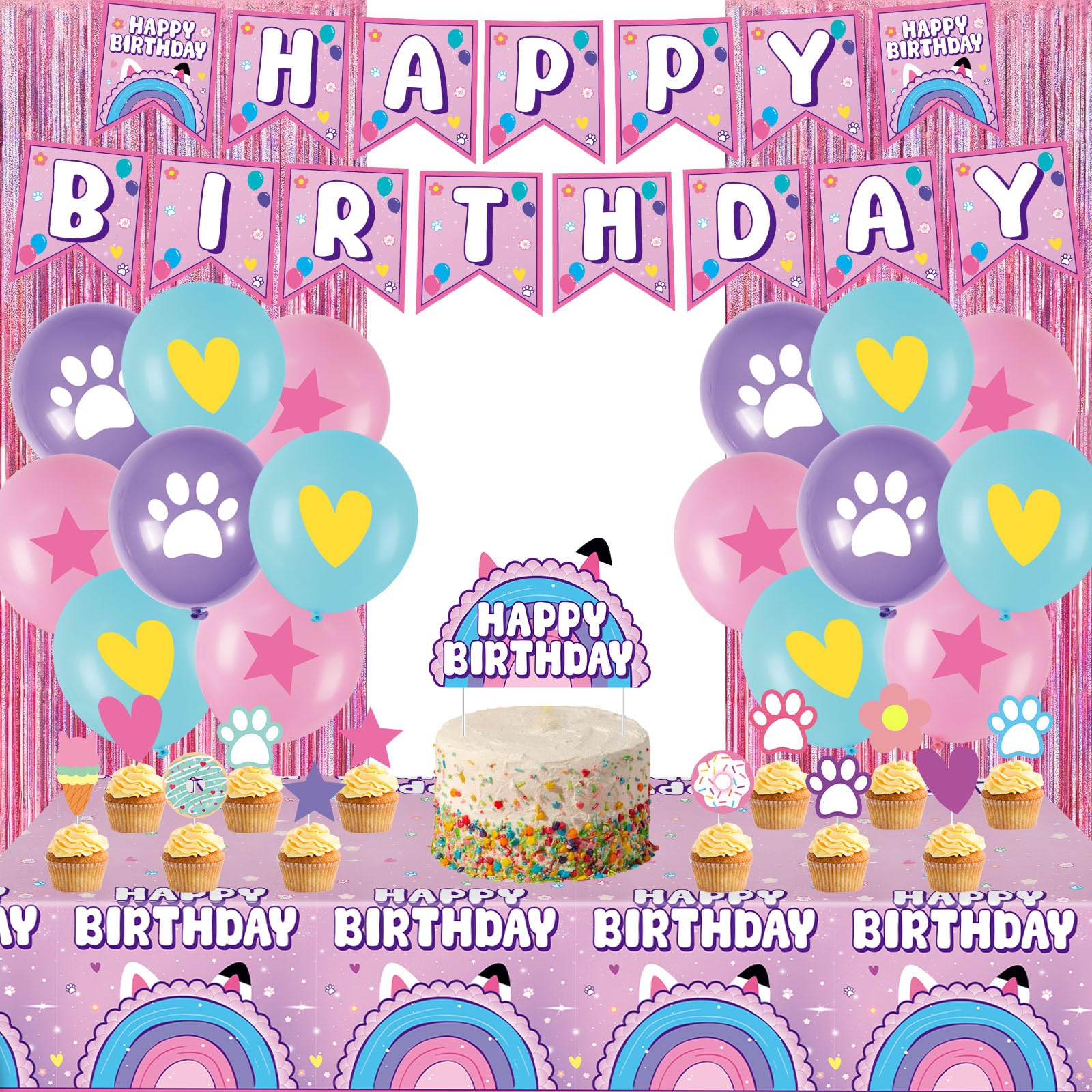 53PCS Dollhouse Birthday Party Supplies Dollhouse Party Decorations Include Banner Balloons Tinsel Foil Fringe Curtains Cake Cupcake Toppers