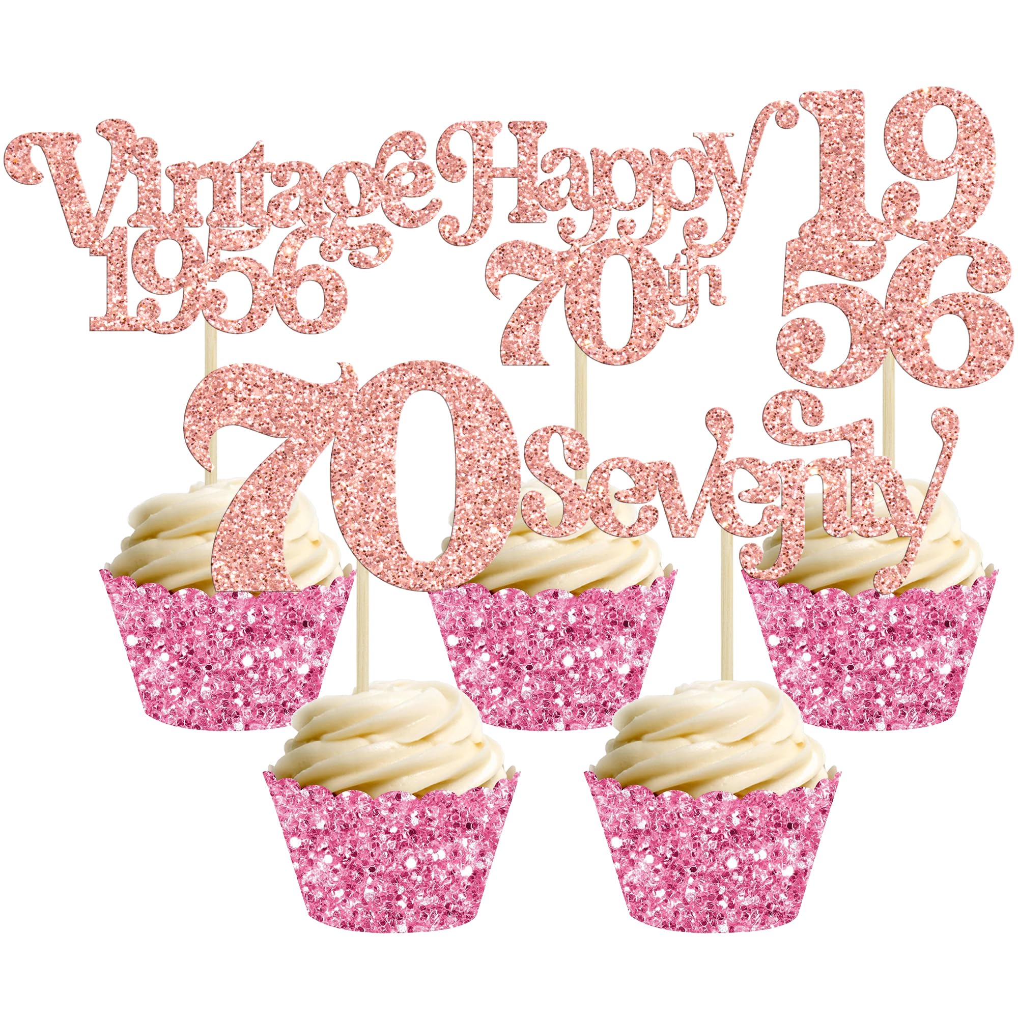 Gyufise 30Pcs 70th Birthday Cupcake Toppers Glitter Vintage 1956 Cheers to 70 Fabulous Seventy Cupcake Picks 70th Birthday Wedding Anniversary Party Cake Decorations Supplies Rose Gold