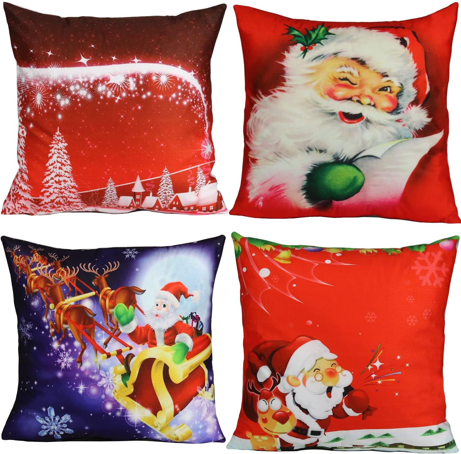 Christmas Throw Pillow Covers 18x18 Inch Set of 4 Xmas Pillow Covers Squared Throw Pillows Case for Home Decor Sofa Cushion Xmas Santa Claus Decoration Pillowcase Sets C