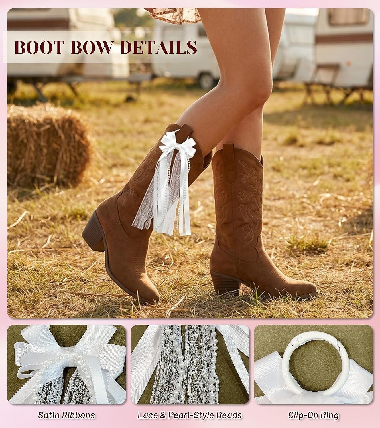 4 Pcs Pink and White Ribbon Boot Bow Clips for Cowgirl Boots