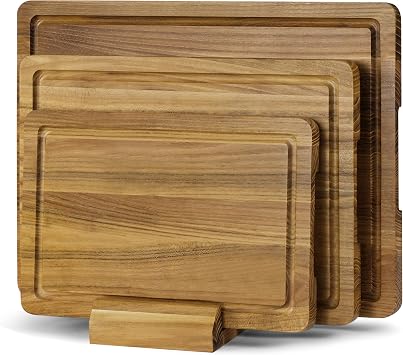 Teak Cutting Board Set for Kitchen, 3 Pack Teak Wood Chopping Boards with Holder & Deep Juice Groove Wooden Hardwood Cutting Board Set for Meat Fish Vegetables Fruits S, M, L