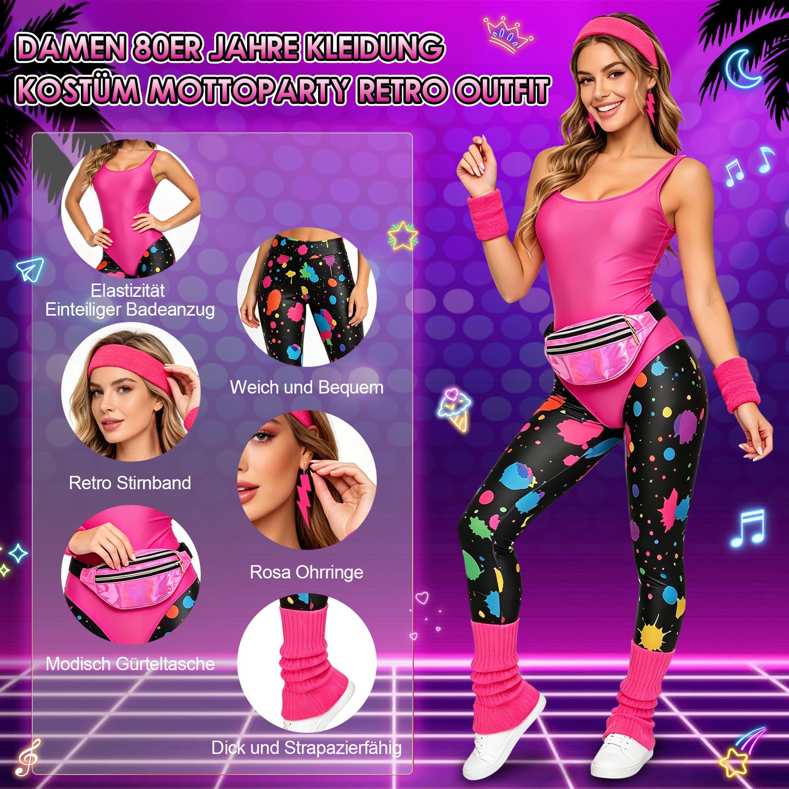 80er Jahre Outfit Damen Set 80er Jahre Kleidung Kostüm Mottoparty Retro Outfit 80er Jahre Workout Kostüm 80er Kleidung Accessoires 80 Aerobic Outfit Damen 80er Aerobic Kostüm 80 90er Sport Outfit, L