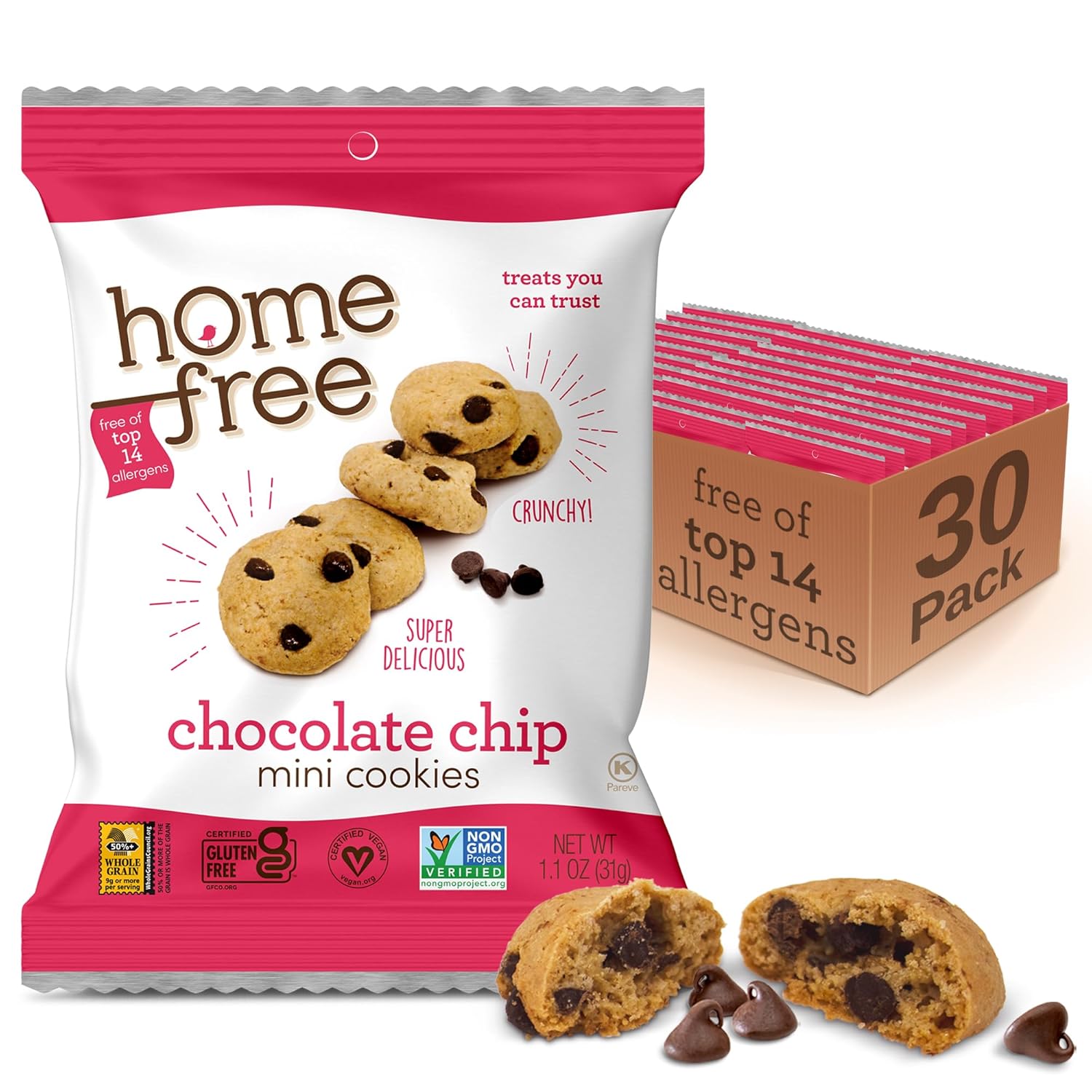 Homefree Treats You Can Trust Gluten Free Mini Cookies, Single Serve, Chocolate Chip, 1.1 Ounce (Pack of 30)
