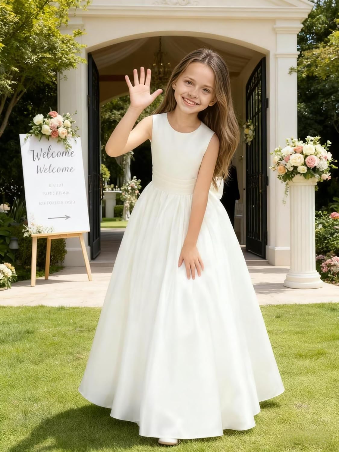 Satin Flower Girl Dress for Wedding Kids Elegant A-Line Big Bowknot Princess Pageant Prom Party Long Ball Gowns