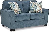 Ashley Cashton Contemporary Blue Loveseat with Faux Wood Feet, Accent Pillows & Fabric Upholstery - 63"W Comfortable Couch for Small Spaces