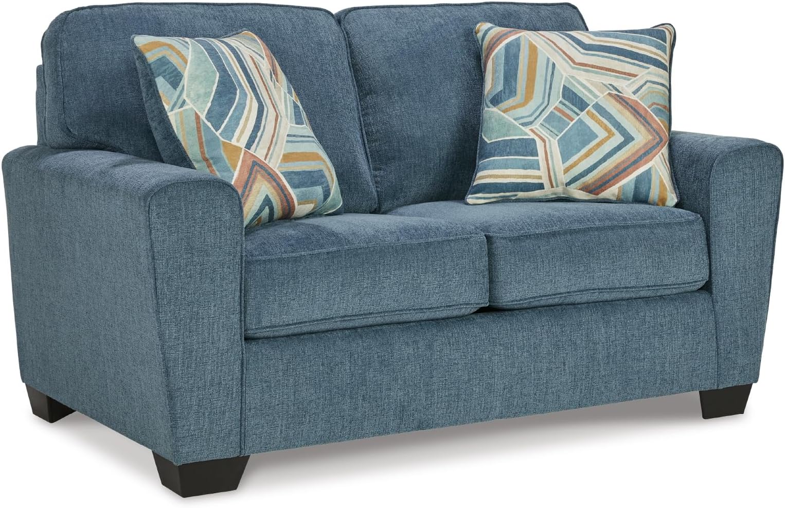 Signature Design by Ashley Cashton Contemporary Loveseat, Exposed Feed With Faux Wood Finish, Accent Pillows, Fabric Upholstery, 63" W x 38" D x 39" H, Blue