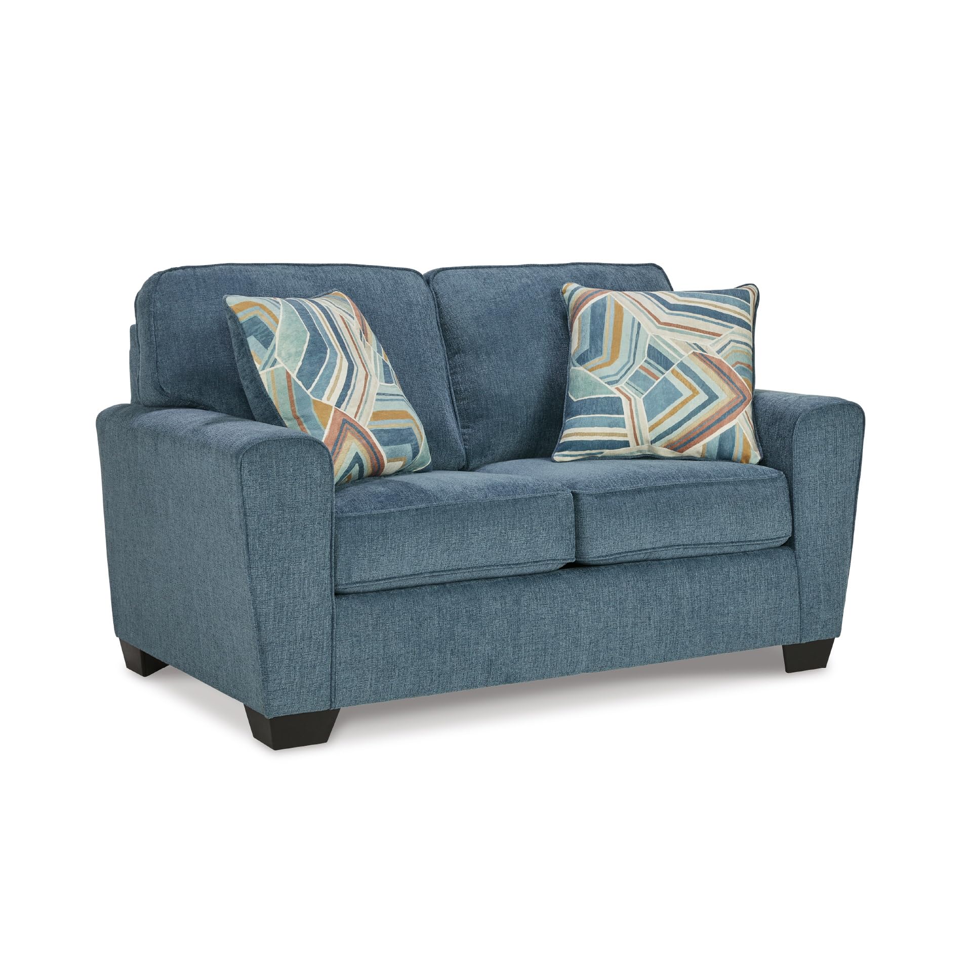 Signature Design by Ashley Cashton Contemporary Loveseat, Exposed Feed With Faux Wood Finish, Accent Pillows, Fabric Upholstery, 63" W x 38" D x 39" H, Blue