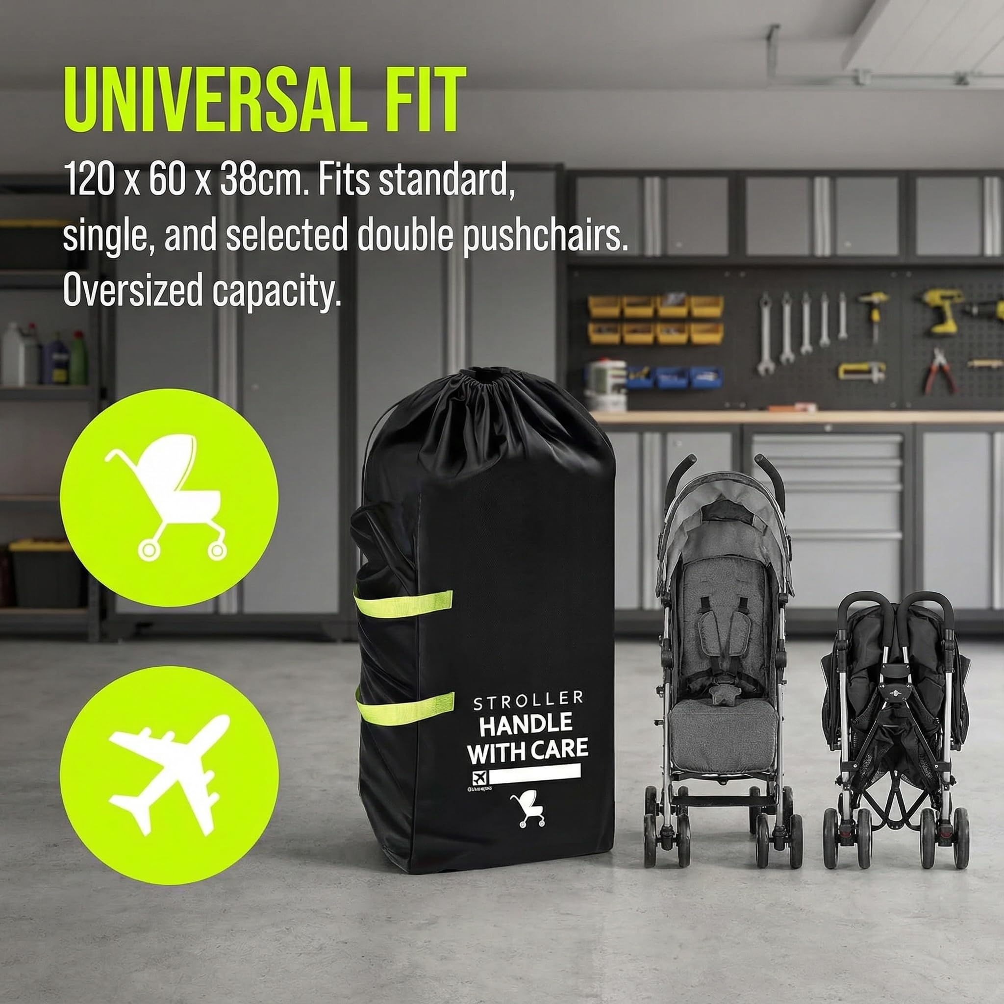 Borsa da Viaggio Trasporto Passeggino,Borsa da Viaggio Carrozzina,Sacca Passeggino Aereo per Outdoor Gate Check e Conservazione, Nero 120 x 60 x 38cm