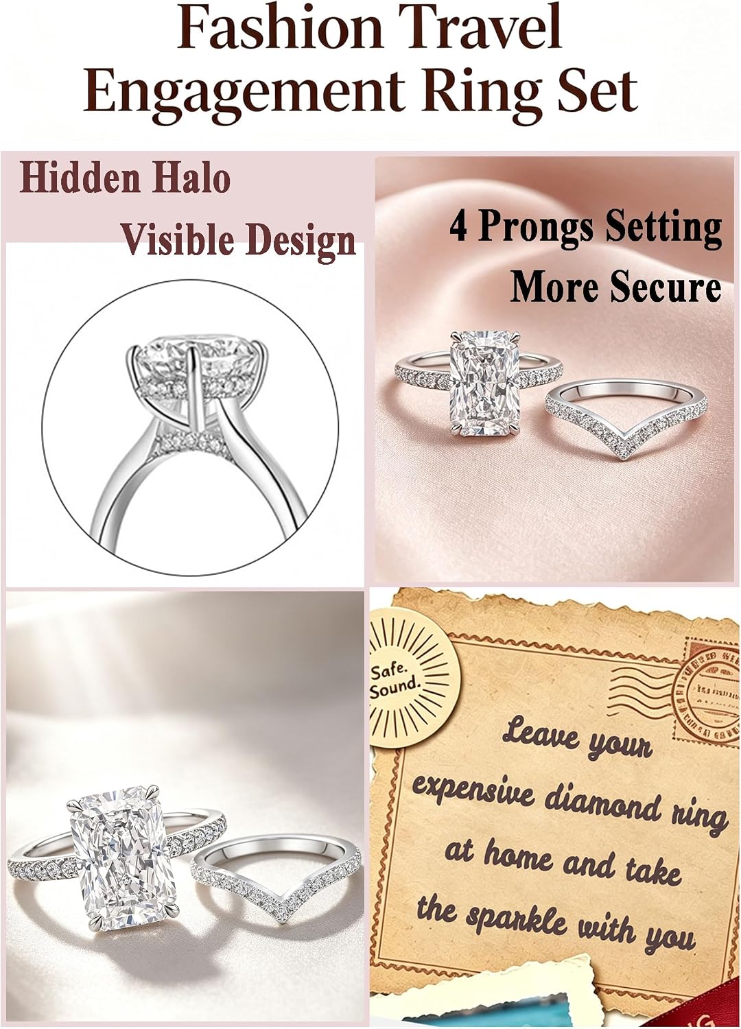 Engagement Rings for Women No Tarnish Wedding Set 3.8CT Radiant Bridal Ring