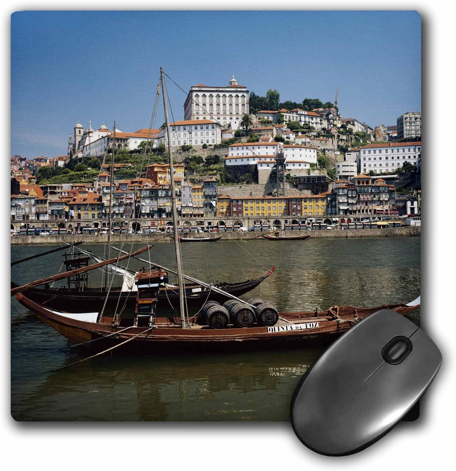 Portugal, Porto, Boat with wine barrels on the Douro river - Mouse Pad, 8 by 8 inches (mp_189329_1)