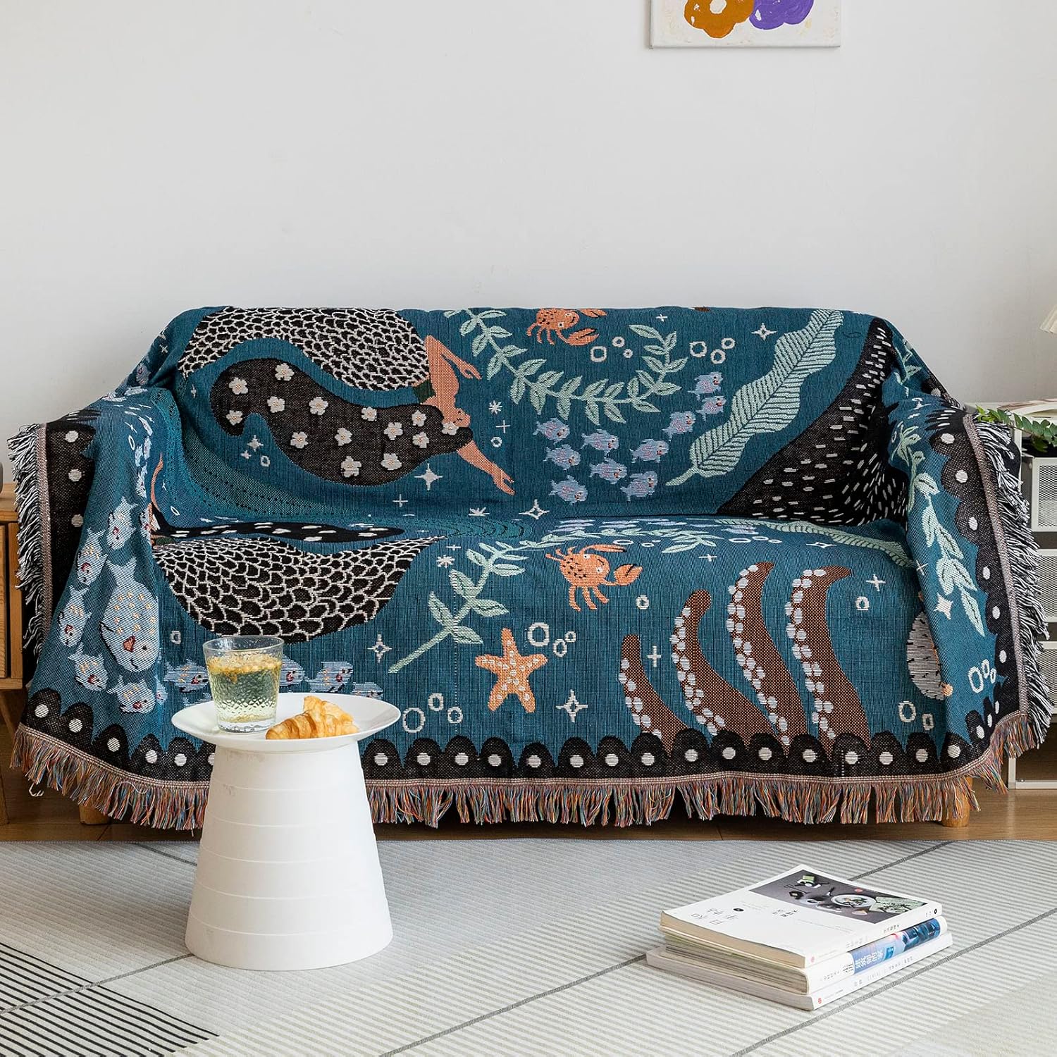ROOMLIFE The Sea Theme Couch Cover Blue Thread Woven