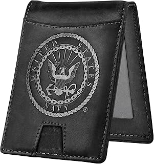 Military Veteran Products US Navy Black Crazy Horse Leather Bi-Fold Card Holder with Money Clip - Black Navy Wallet