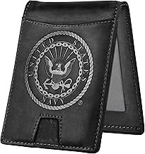 US Navy Black Crazy Horse Leather Bi-Fold Card Holder with Money Clip - Black Navy Wallet