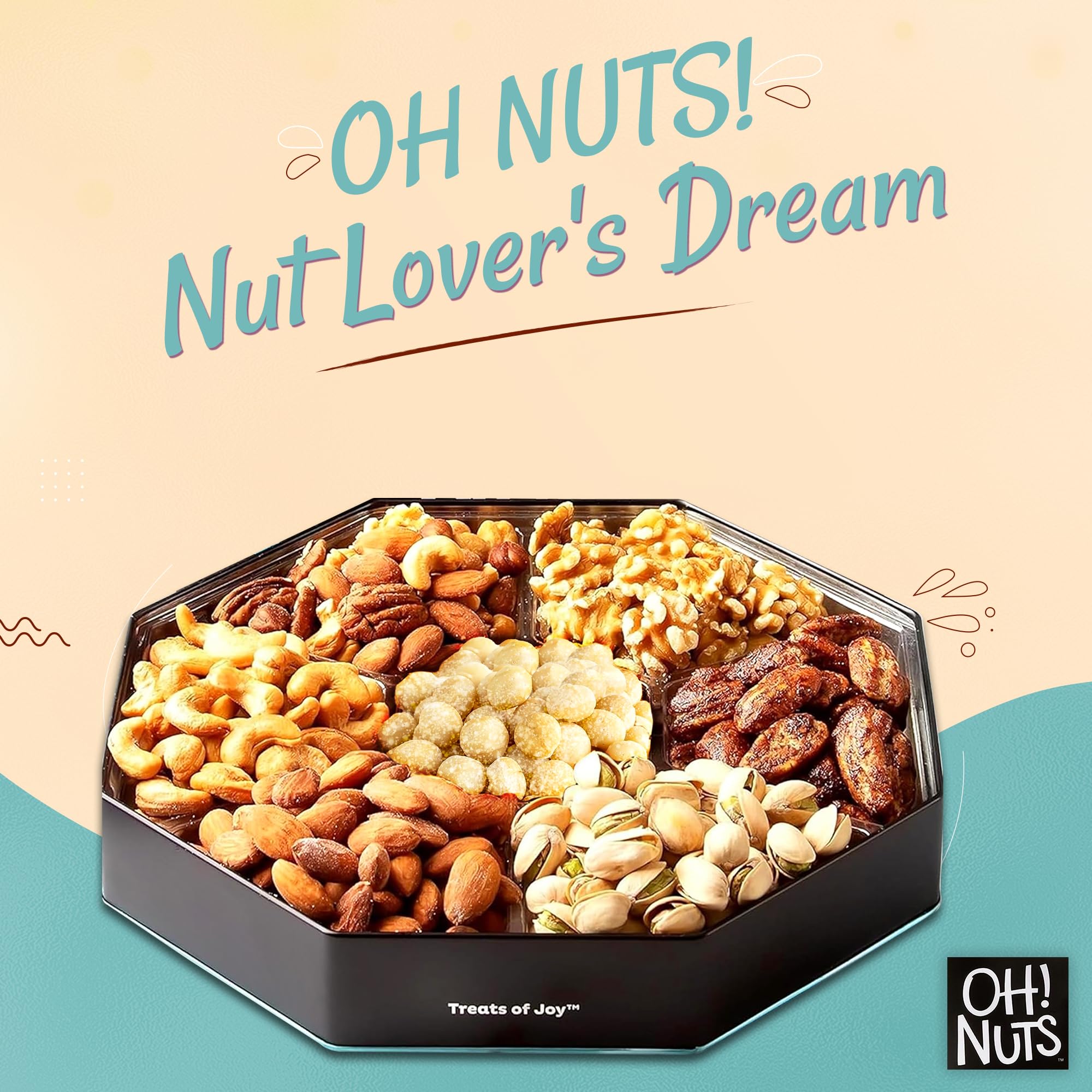Oh! Nuts 7 Section Nuts Gift Basket - Gourmet Assorted Macadamia Nut Gifts Baskets - Healthy Nuts Gift Hexagon Metal Tin Box - Premium Food Gift for Holiday, Movie Night, Corporate, Men & Women