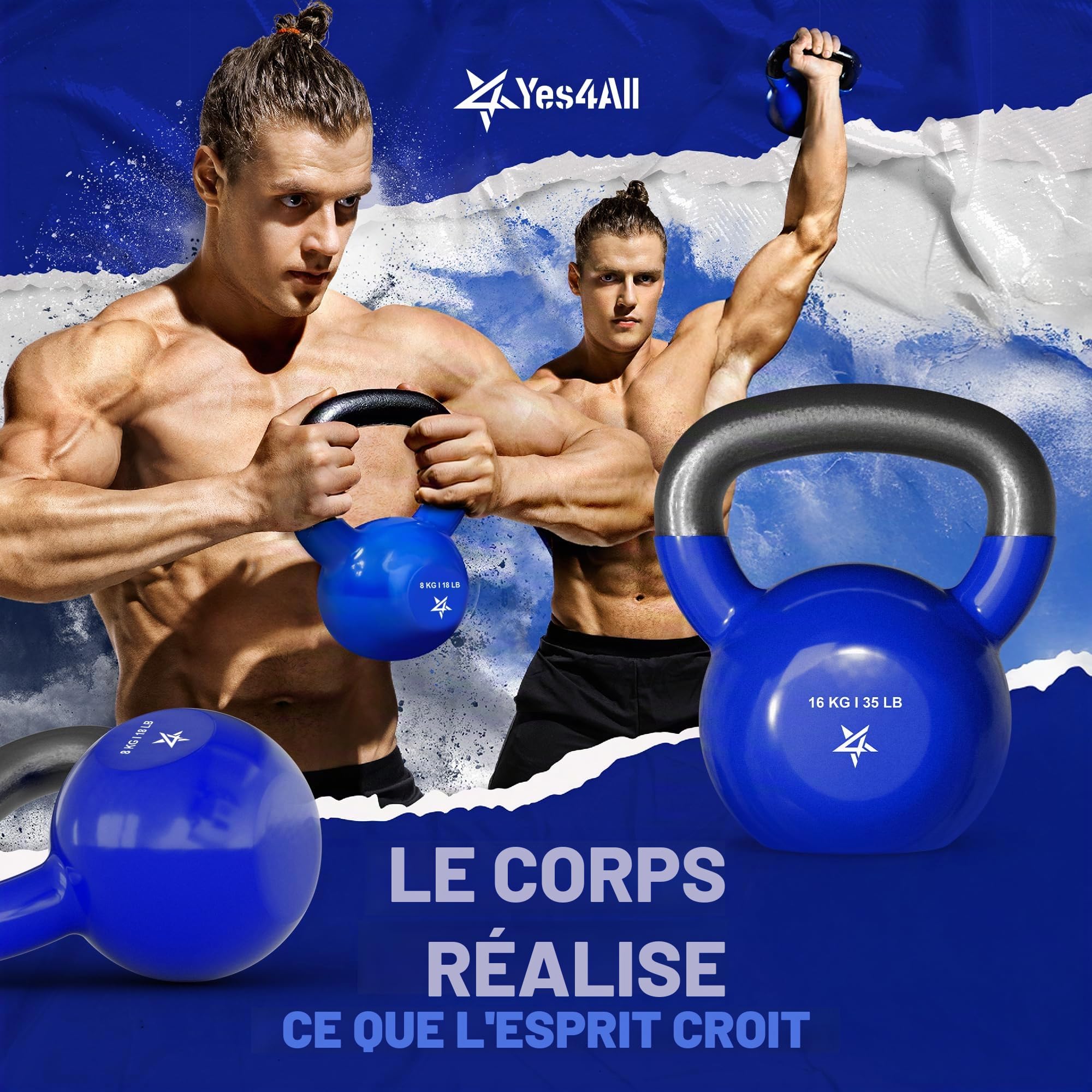 Yes4All Kettlebell En Fonte Avec Revêtement Vinyle, 5 À 22.6 Kg, Pour Entraînement De Force À Domicile, Gym, Fitness, Entraînement Complet Du Corps, Pompes Et Renforcement De La Prise