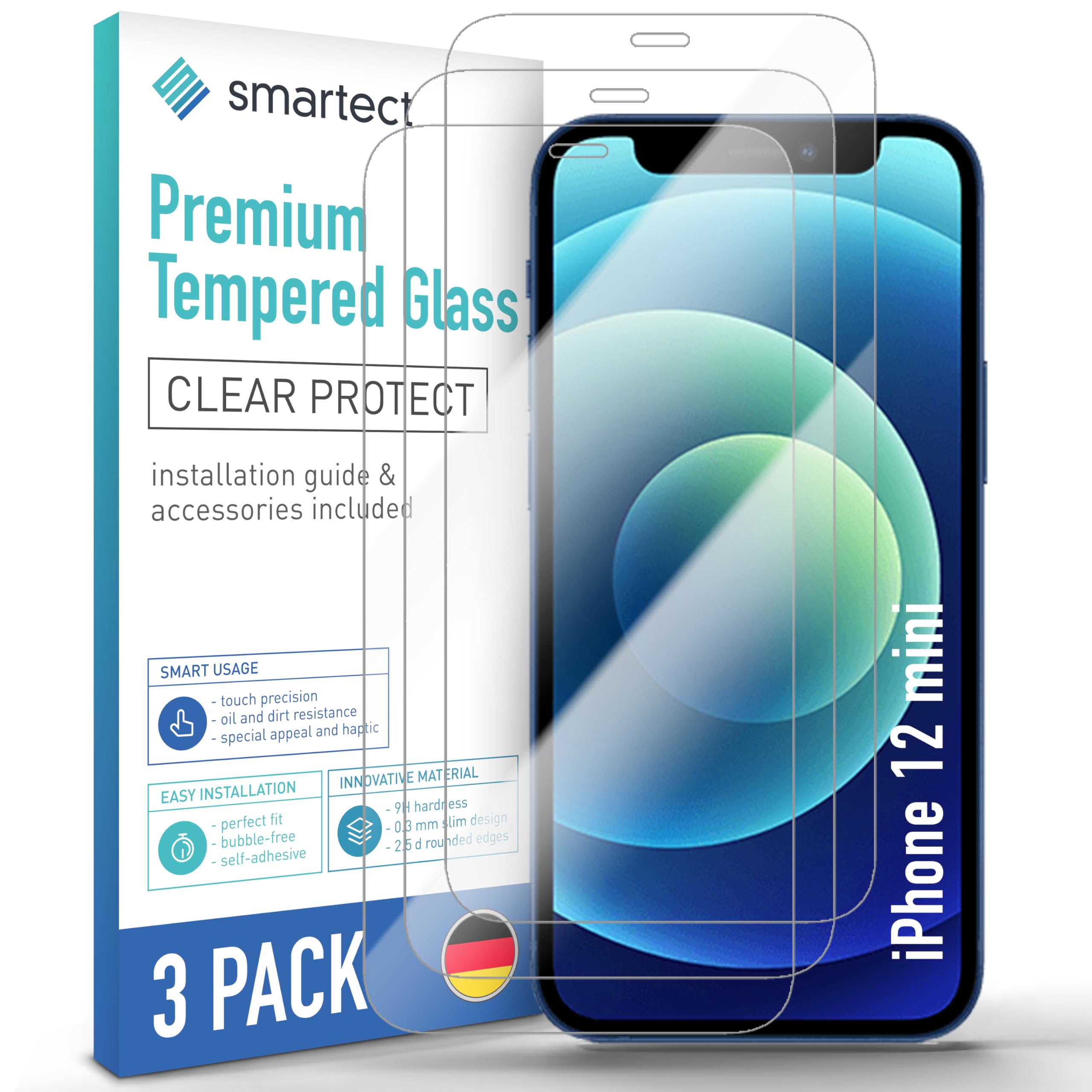 smartect Schutzglas 3 Stück für iPhone 12 mini, HD Panzerfolie Anti-Kratzer, Displayschutz 0.3 mm Ultra-klar, 9H Härte, Stoßfest, Blasenfrei