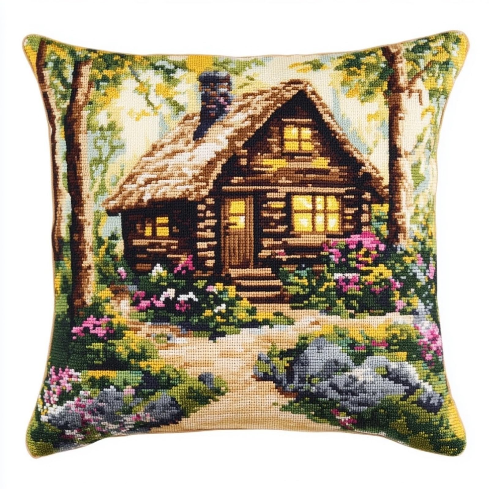 WallustrioaW Embroidery kit Cross Stitch Cushion kit,Forest Cabin,Cross Stitch Pillow Tapestry Cross Stitch,Home Decor Gifts,45x45cm