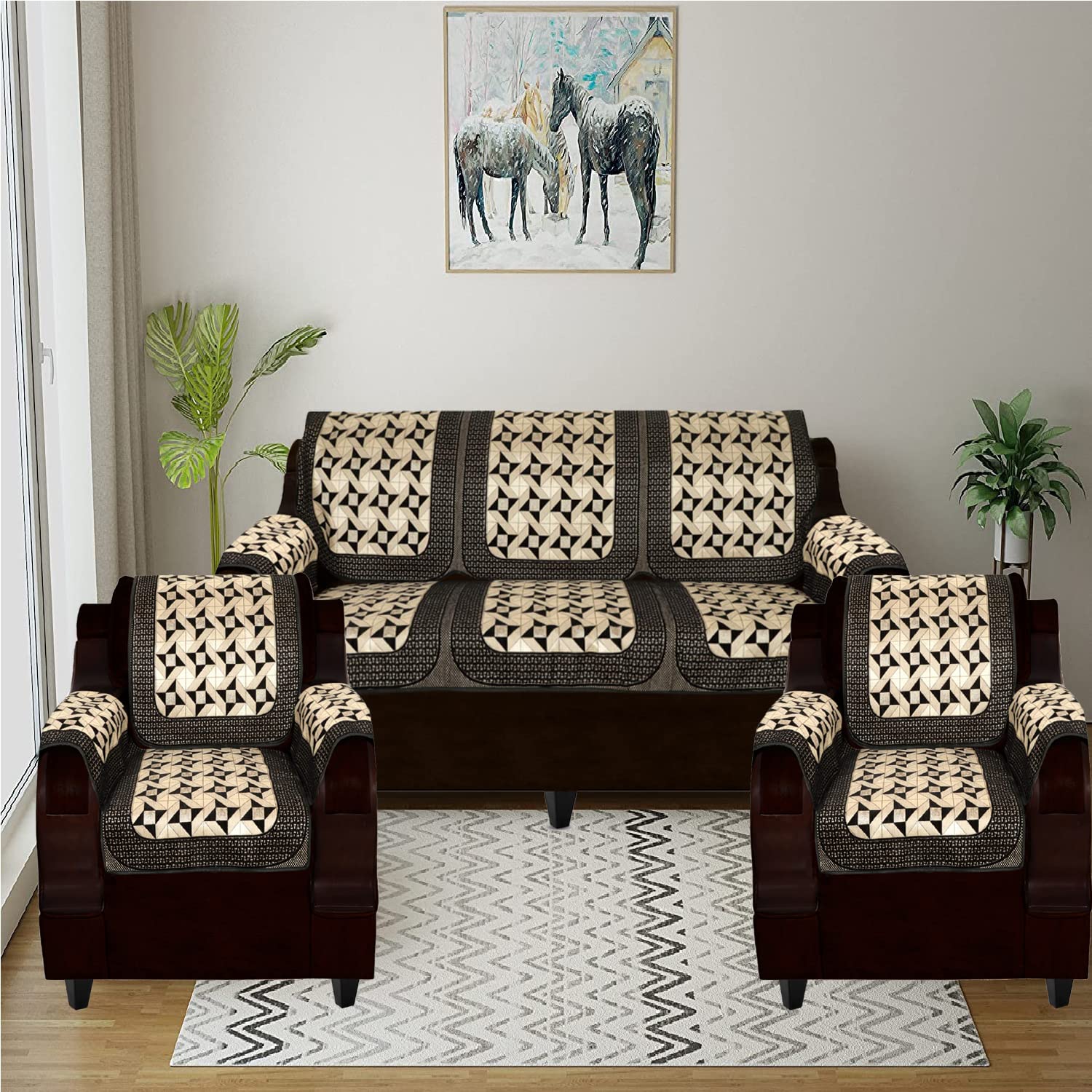 MANVI Velvet and Cotton Vintage Star Design Sofa Cover 12 Pieces Set of 5 Seater with Arms Cover (3+1+1) - Black