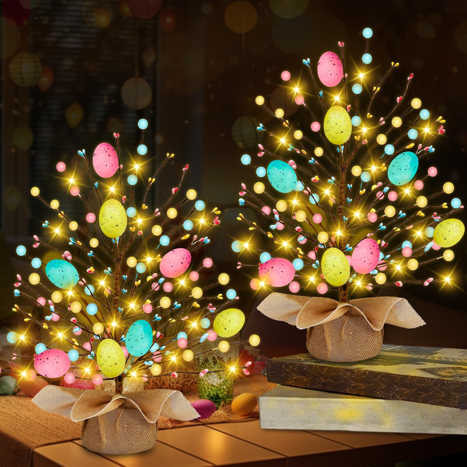 Photo 1 of 2 Pack & Timer - Easter Decorations, Easter Tree Tabletop with 20 Warm White Lights Battery Operated 19 Inch 8 Large Colorful Eggs 72 Colorful Berries Artificial Tree Easter Decor Spring Home Party