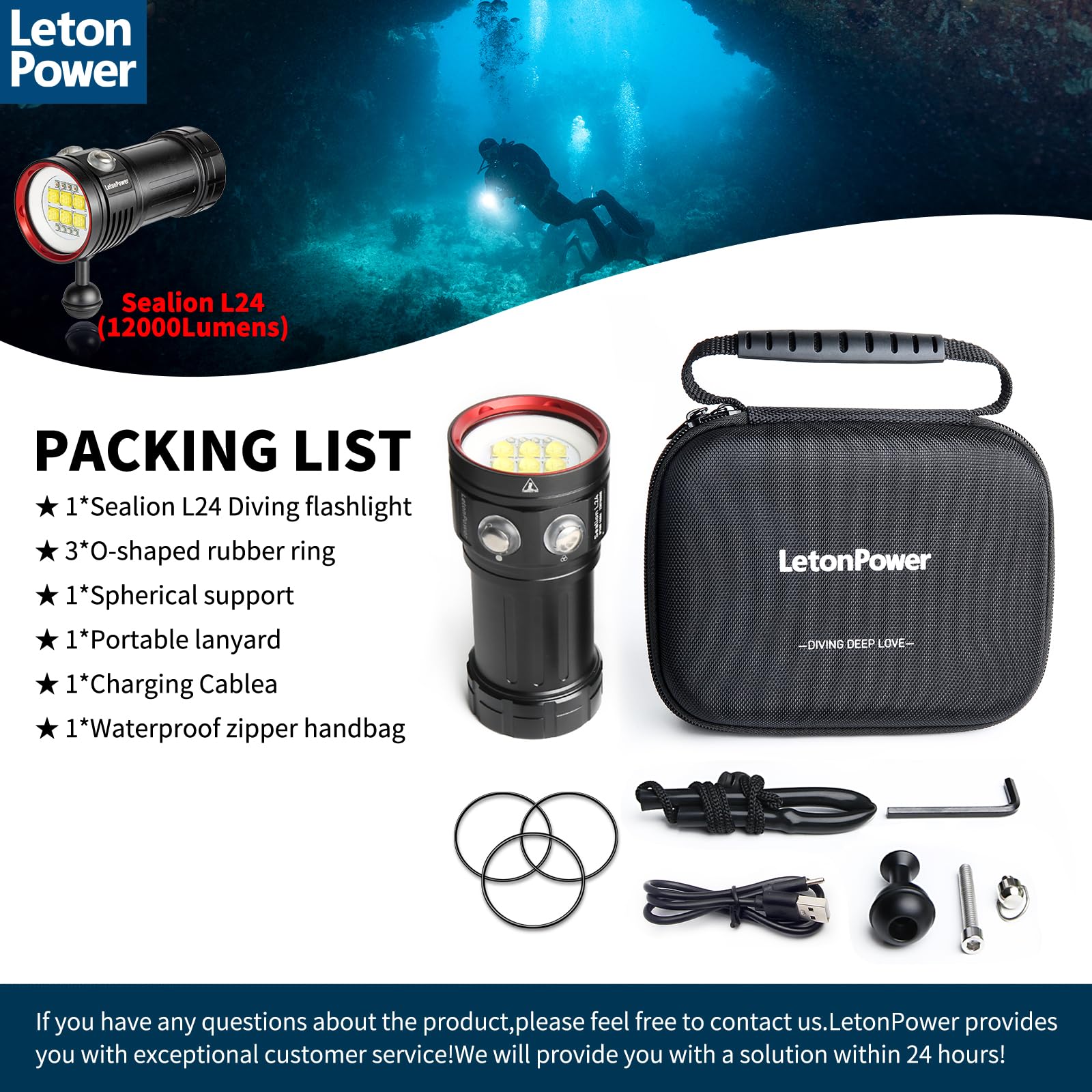Sealion Linterna Buceo Video - 120° 90 CRI, A Prueba de Agua 100m para Videografía Profesional (L24-12000 Lúmenes)