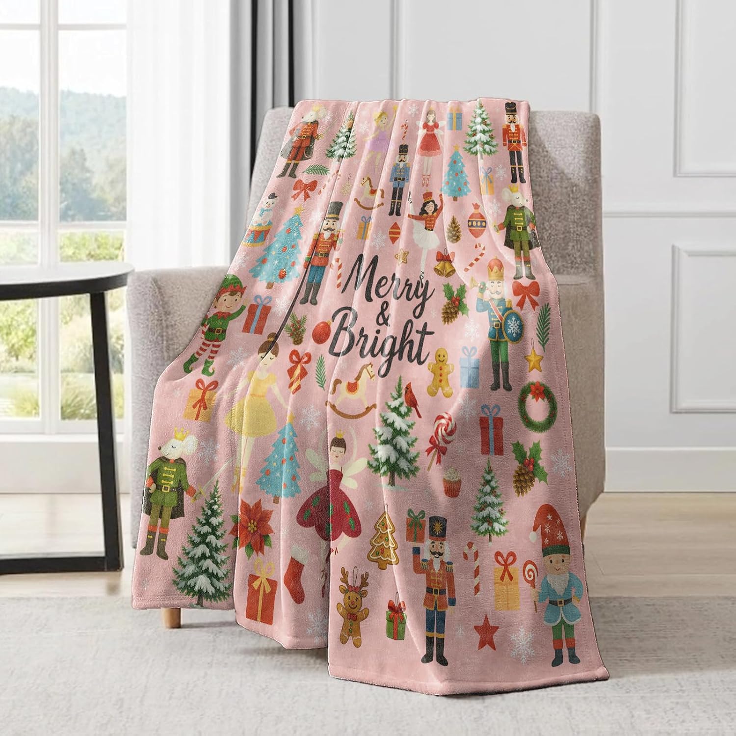 Nutcracker Christmas Decorative Throw Blanket,Ballet Fairy Mouse King Tree Print Decoration,Flannel Winter Pink Blankets for Couch Bed Sofa,Holiday Home Decor,Xmas Festival Gifts 50x60 Inch