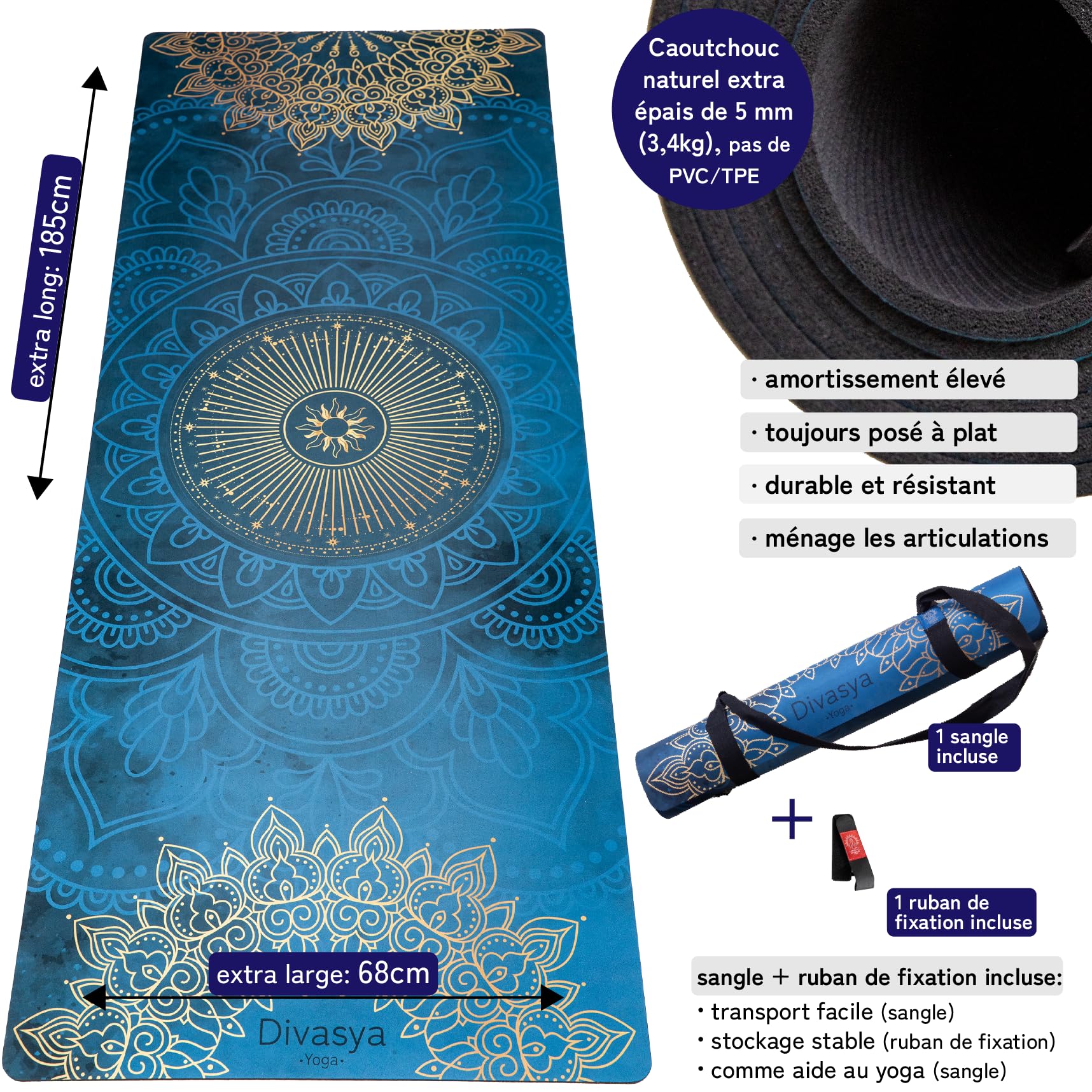 Tapis de Yoga : Antidérapant, Caoutchouc Naturel & Microfibre Douce, extra large & Épais (183x68x0,5cm), avec Sangle de Transport, Tapis de Gym/Tapis de Fitness