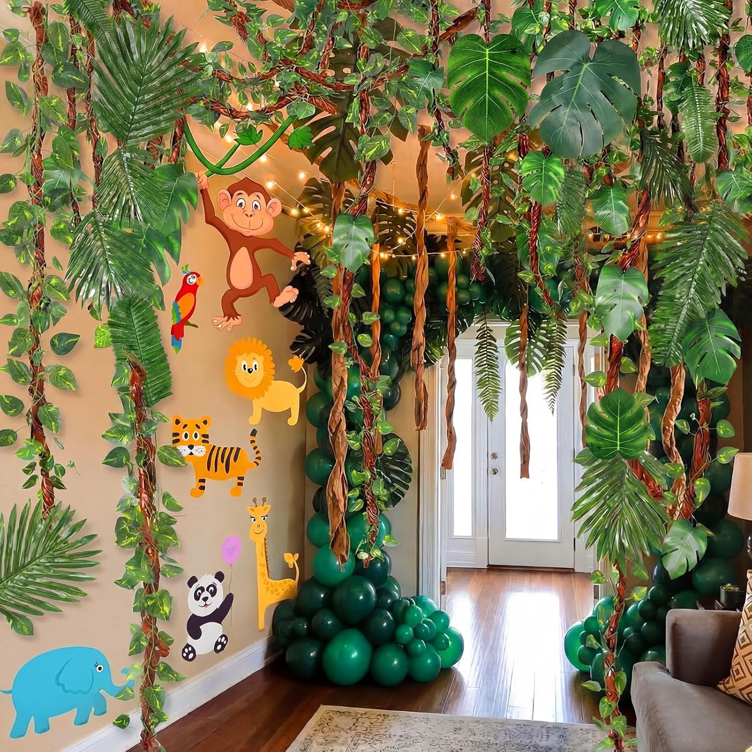 MotiMind Jungle Themed Party Decorations Wildlife Park Jungle Leaf Decorations with Kraft Paper Artificial Ivy Green Leaf Garland Fake Tropical Palm Leaves for Indoor Outdoor Forest Party Supplies