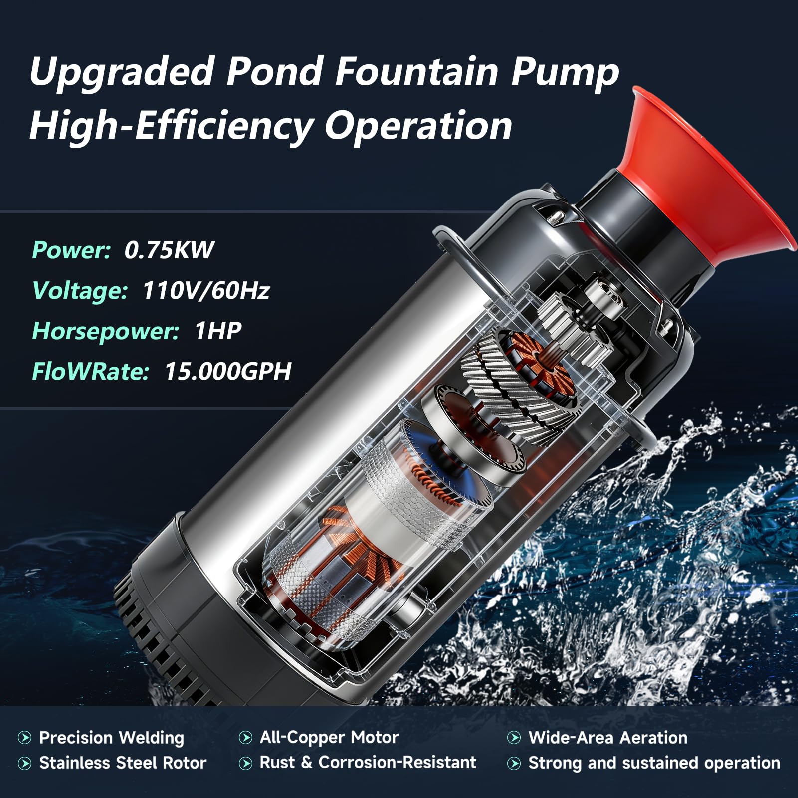 Aeratore per fontana per laghetti, pompa galleggiante da 1 HP 15000 GPH con timer e cavo da 30 m, sistema a getto in acciaio inox, per grandi laghetti e laghi all'aperto