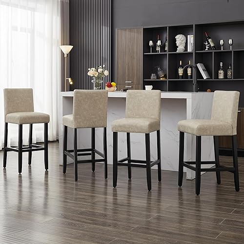 Miniatura 61 de Taburetes de bar de piel sintética de 26 pulgadas, modernas sillas de bar tapizadas de altura de barra, taburetes de bar con patas de madera maciza
