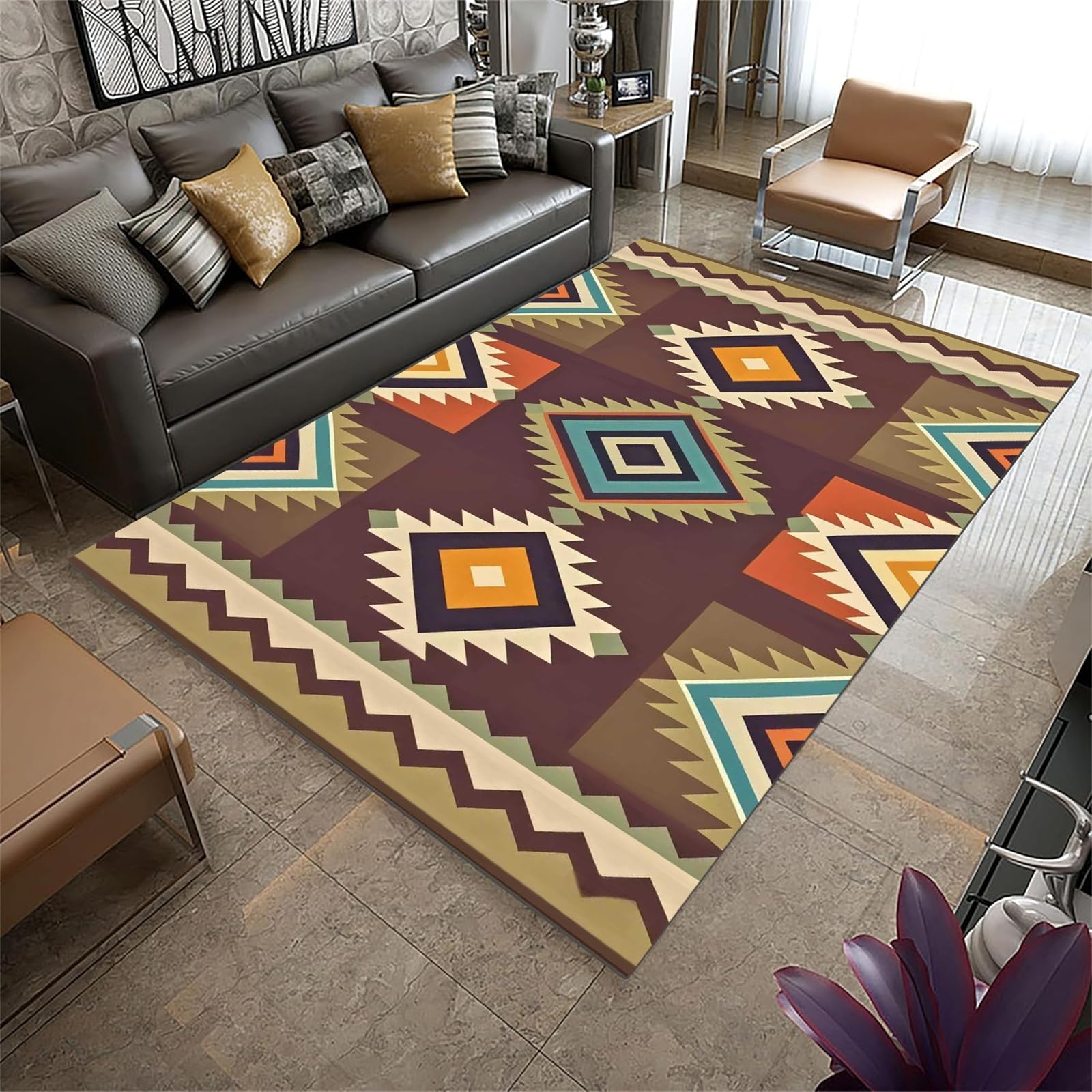 HONGXIU Moroccan Area Rug - 160x230 Cm Aztec Rug - Machine Washable Non-Slip Low Pile Print Pattern Western Rugs for Living Room Bedroom Entryway Tribal Series -Red/Brown — image 1