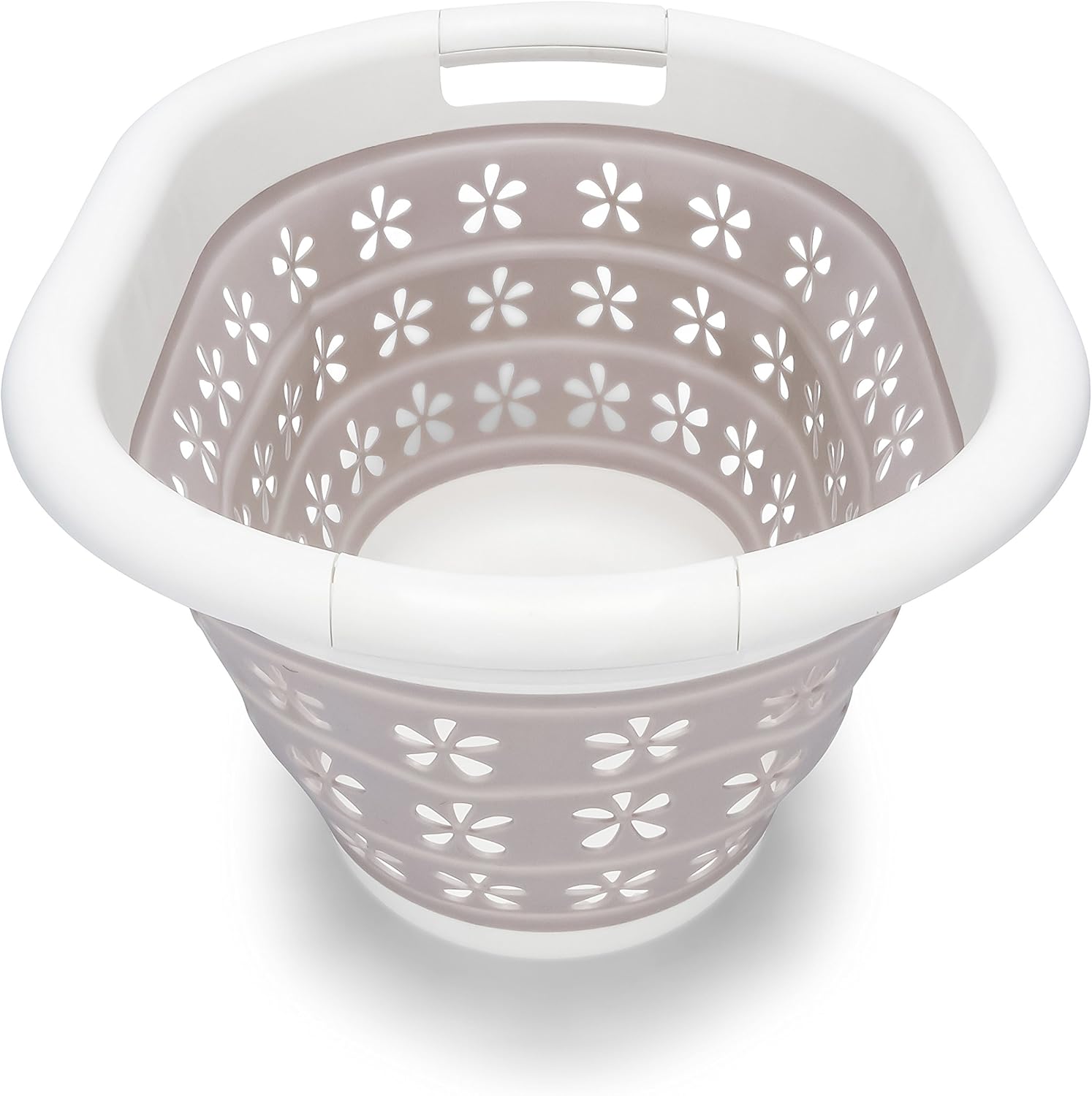 Camco Collapsible Laundry Basket | Features Simple Pop-Open & Collapse-Down Design | Waterproof for Easy Clean-Up | Measures 14.5” x 19.75” x 2.5”/10” Collapsed/Expanded, Taupe & White (51951)