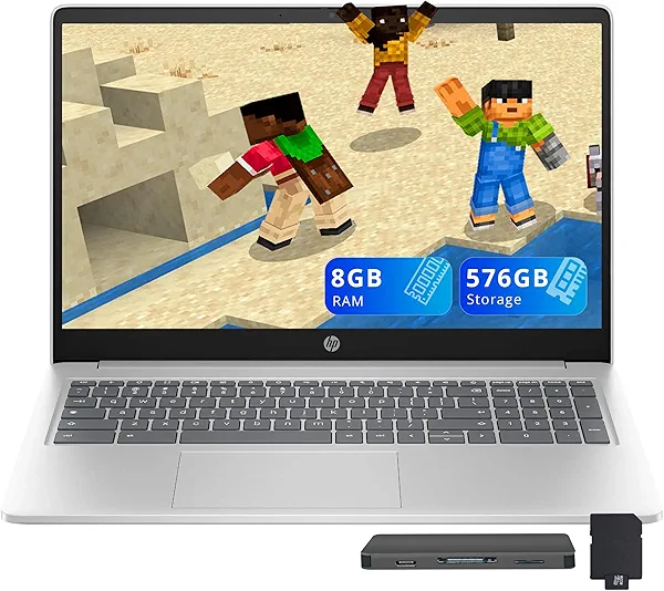 HP 15.6" HD Anti-Glare Chromebook Laptop, Intel Pentium N200, 8GB LPDDR5, 576GB Storage (64GB eMMC+512GB Docking Station Set), Intel UHD Graphics, Num Pad, 720p Camera, Wi-Fi 6, Chrome OS, Silver