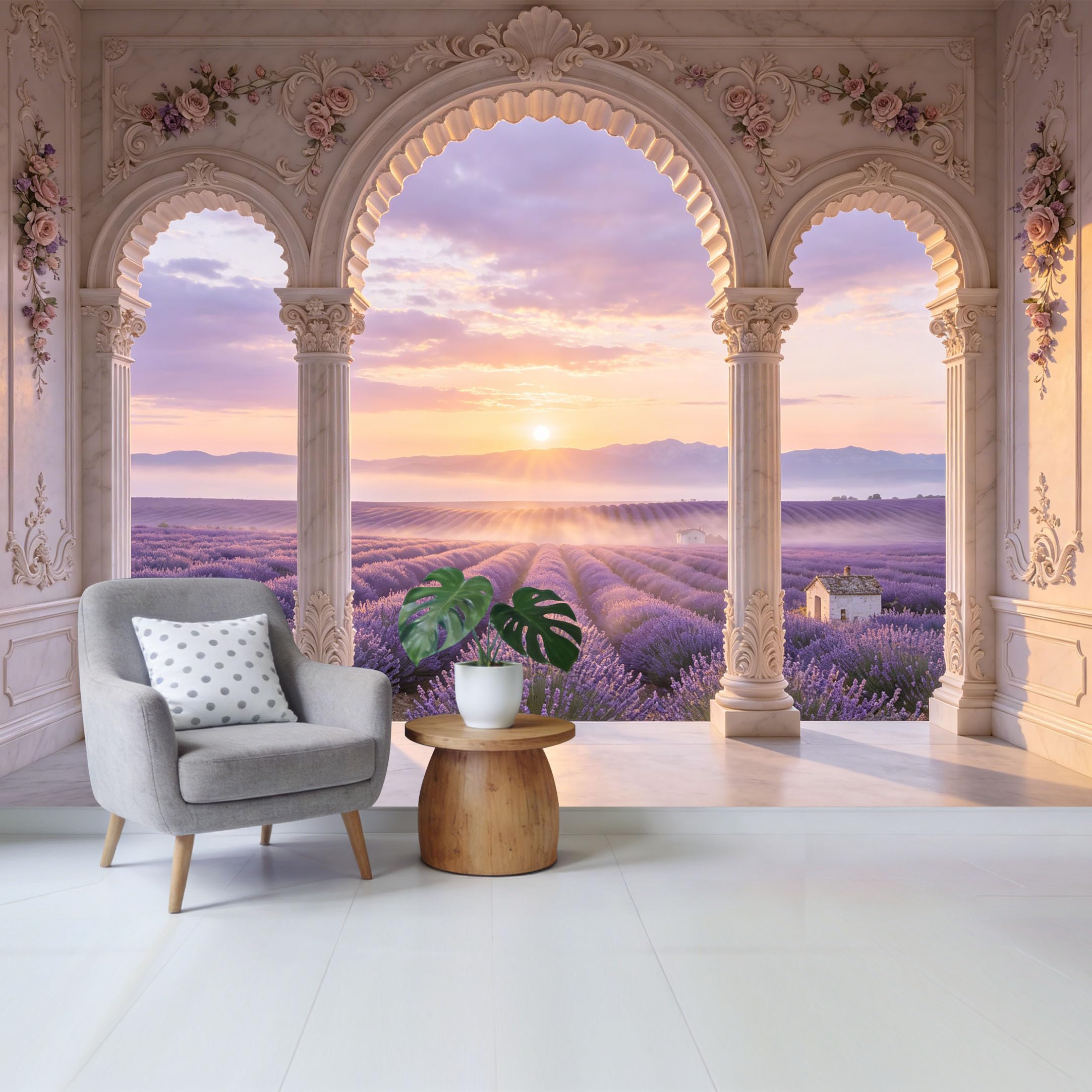 Removable Self Adhesive Fabric Mural， Neoclassical Marble Arch Lavender Field Sunset Custom Size Wall Covering， UV Protected Waterproof Washable Wall Decor for Living Room Bedroom Bathroom