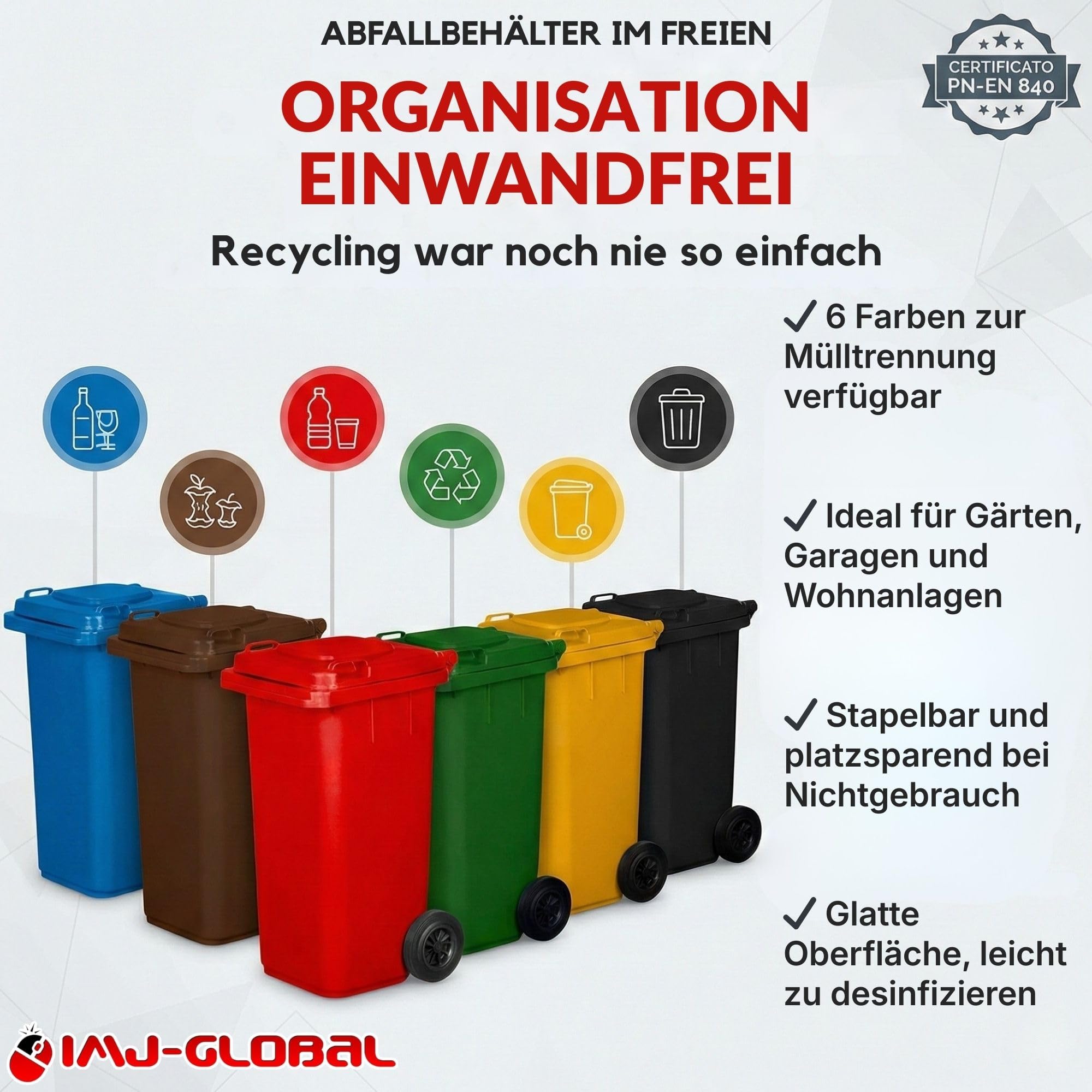 IMJ-Global Mülleimer 240 Liter mit Rädern Mechanischem Aufnahmesystem Mülltonne Abfalleimer Deckel Container PN-EN 840 Graphit