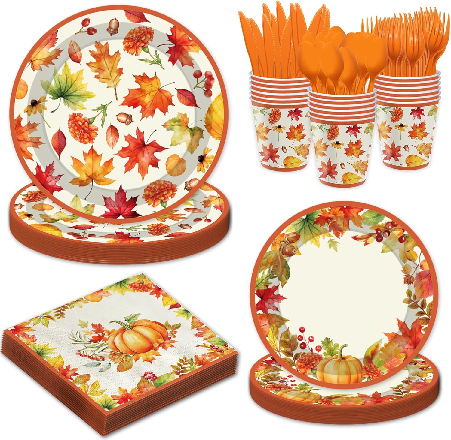 YQUQWN 168 Pcs Thanksgiving Paper Plates and Napkins, Fall Disposable Dinnerware Set for 24 Guests, Includes Paper Plate Cup Napkin Spoon Knives Fork, Party Supplies for Thanksgiving Fall Harvest