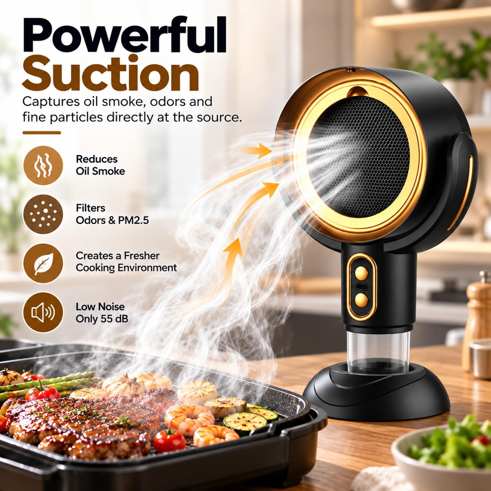 Hotte Aspirante Portable Sans Fil 3000 mAh avec Ions Négatifs, 2 Vitesses, Filtre Lavable, Recyclage d'Air, pour Cuisine, Camping-Car, Camping, BBQ, Fondue