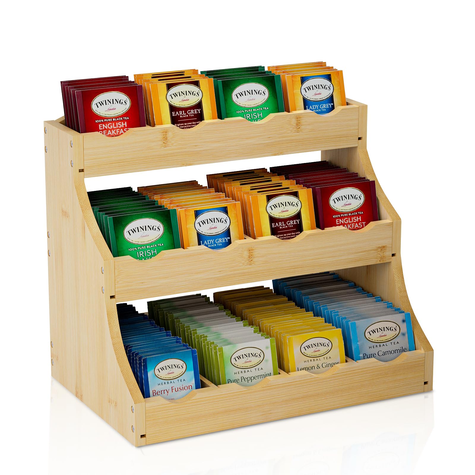 NUTUNI Bamboo Tea Bag Organizer, 3-Tier Tea Bag Holder Stores Over 240 Tea Bags, Tea Station for Coffee Capsules, Creamer, Sweetener, Sugar - Removable Divider (Self-assembly)