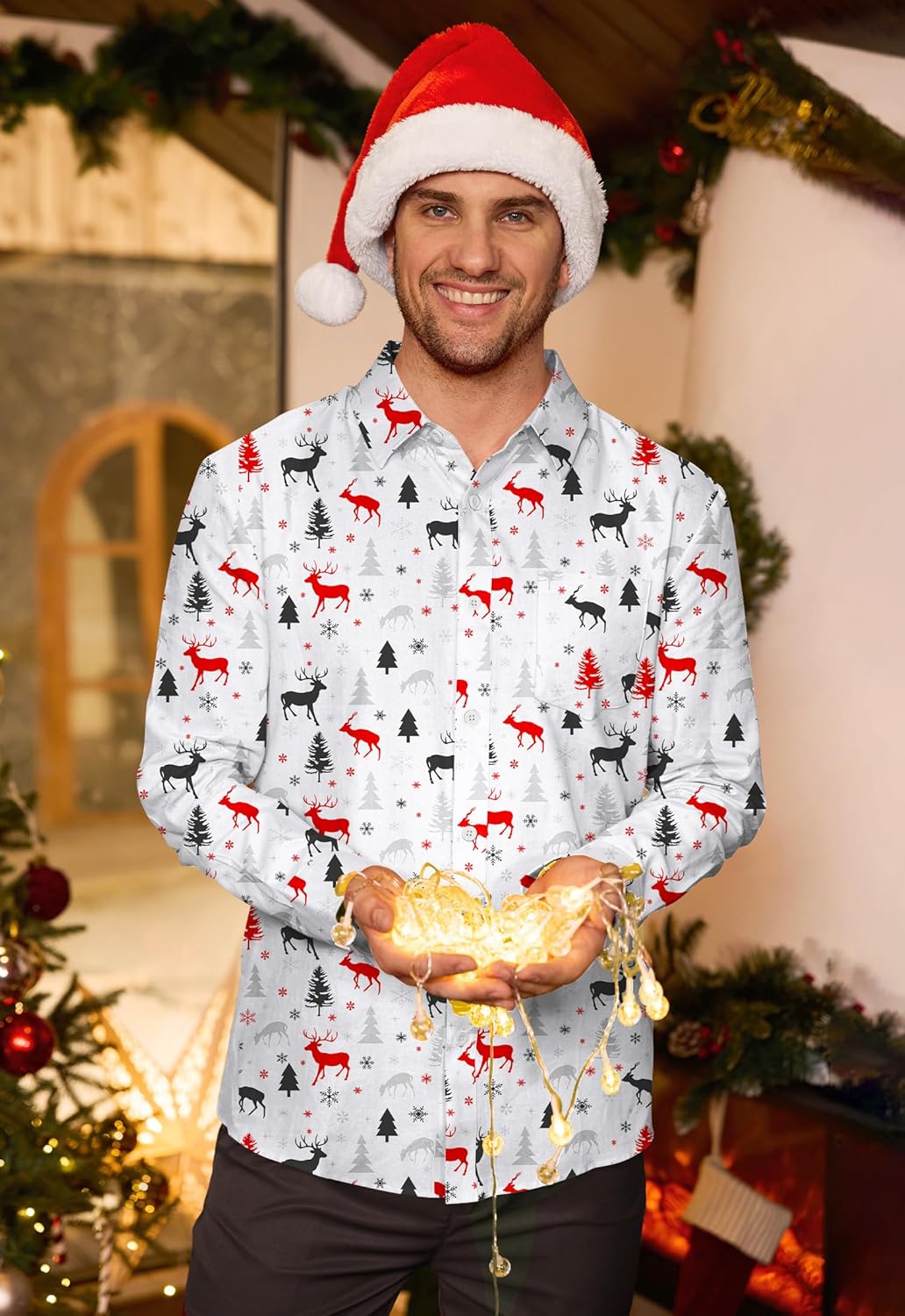 Arvilhill Mens Christmas Button Shirts Cotton Soft Charm Holiday Print Shirt (S-3XL) - Image 2