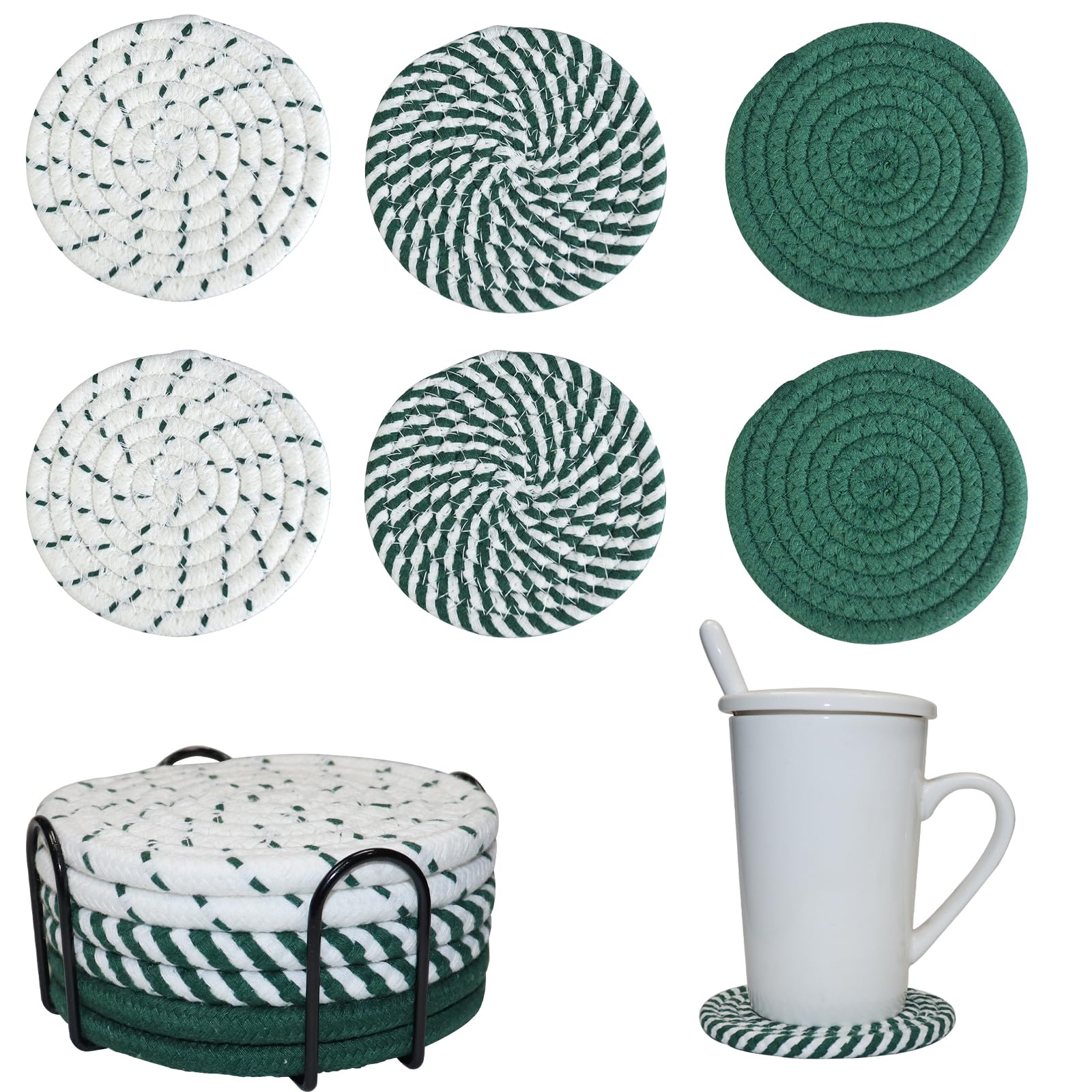 Cglrybo Women's Green 6/8 Pcs Vintage Round Woven Coasters，Absorbent & Heat-Resistant For Home Coffee Table Desk Cups Tabletop Protection，Boho Decor For Living Room, Birthday Gifts For
